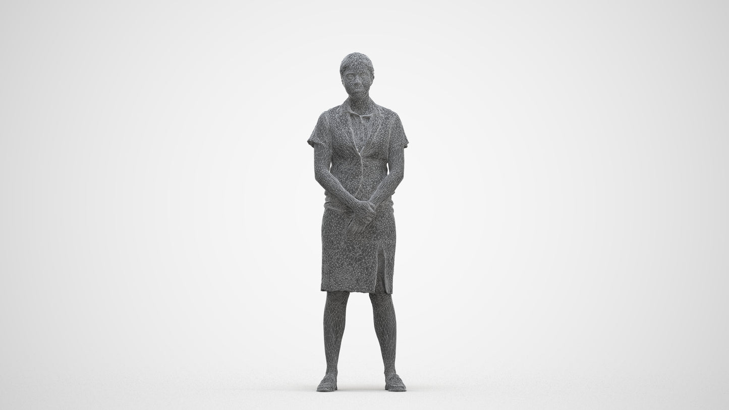 3D scanned woman hospitality, photorealistic archviz people for Enscape and SketchUp, three-quarter front view render