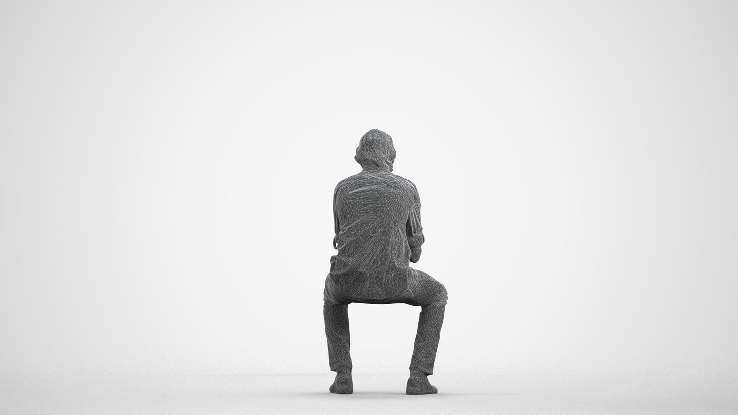 photogrammetry 3D man casual sitting, realistic human model archviz FBX, wireframe front view
