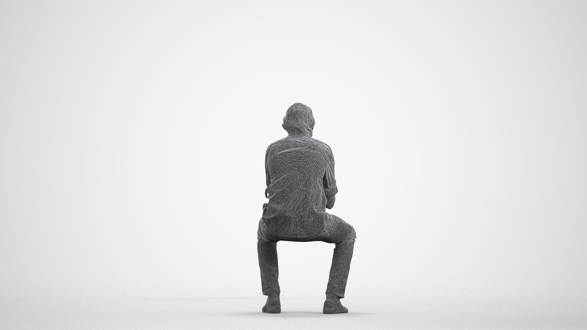 photogrammetry 3D man casual sitting, realistic human model archviz FBX, wireframe front view
