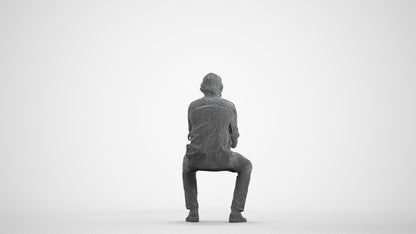 photogrammetry 3D man casual sitting, realistic human model archviz FBX, wireframe front view