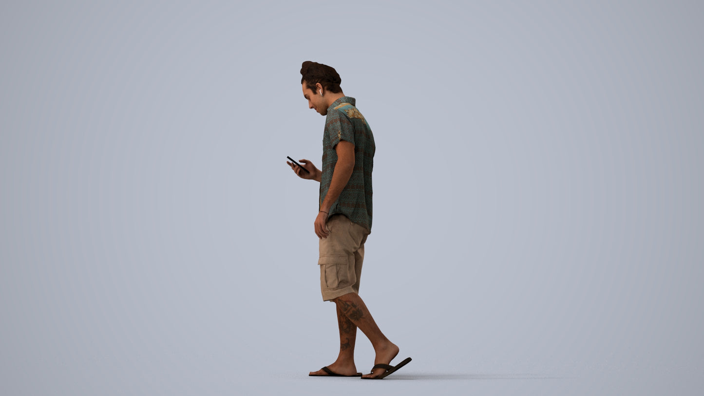 3D scanned man walking casual, photorealistic archviz people for Enscape and SketchUp, three-quarter view render