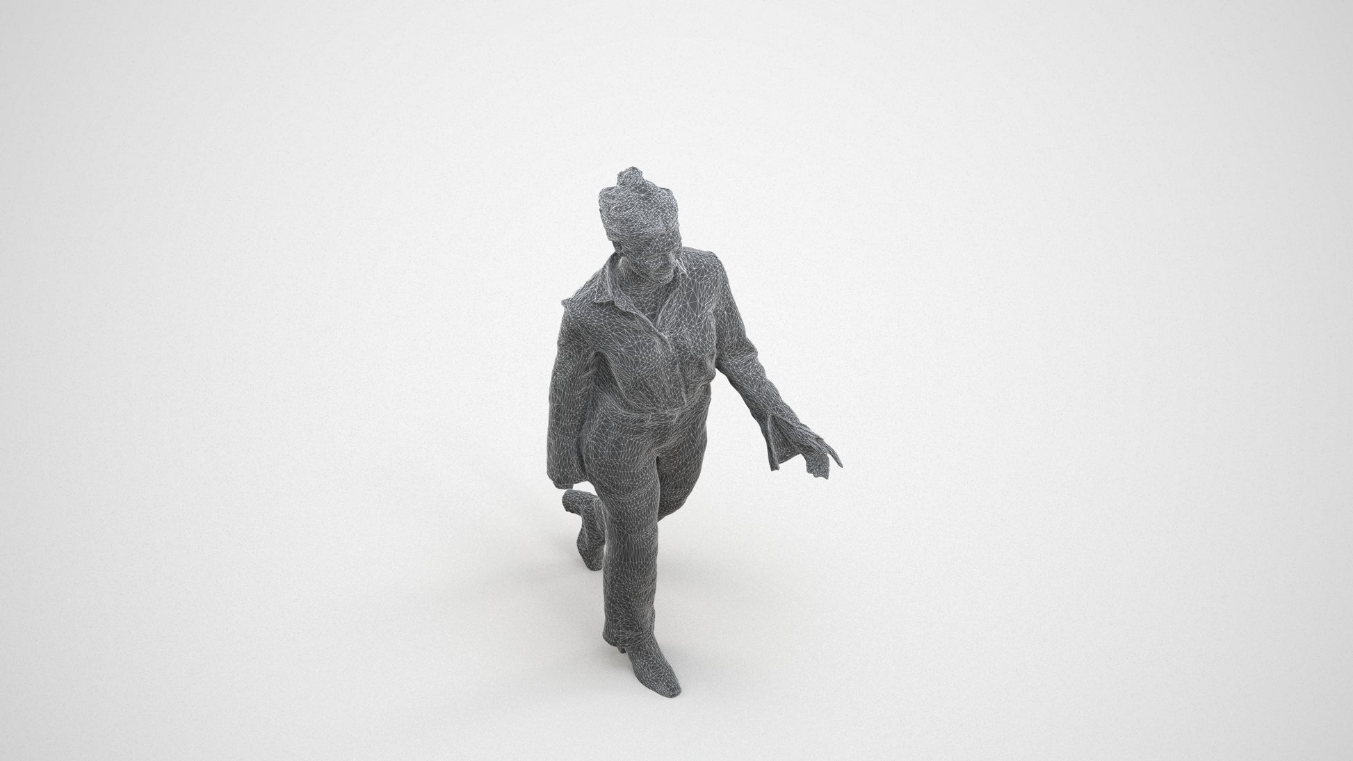 3D human model woman business walking, photogrammetry scanned person for archviz, wireframe three-quarter view