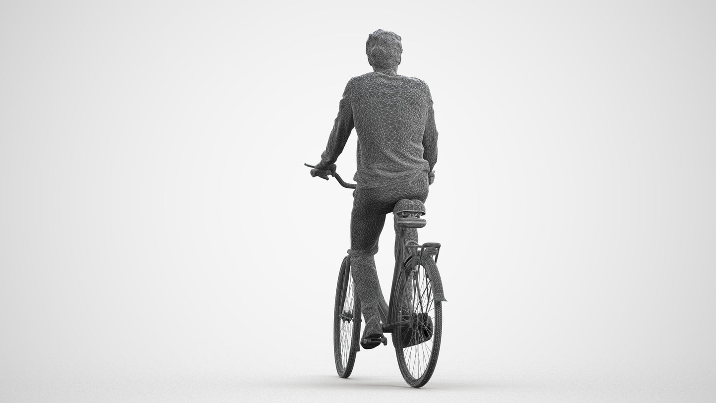 3D people model man casual cycling, scanned human for 3ds Max rendering, wireframe front view