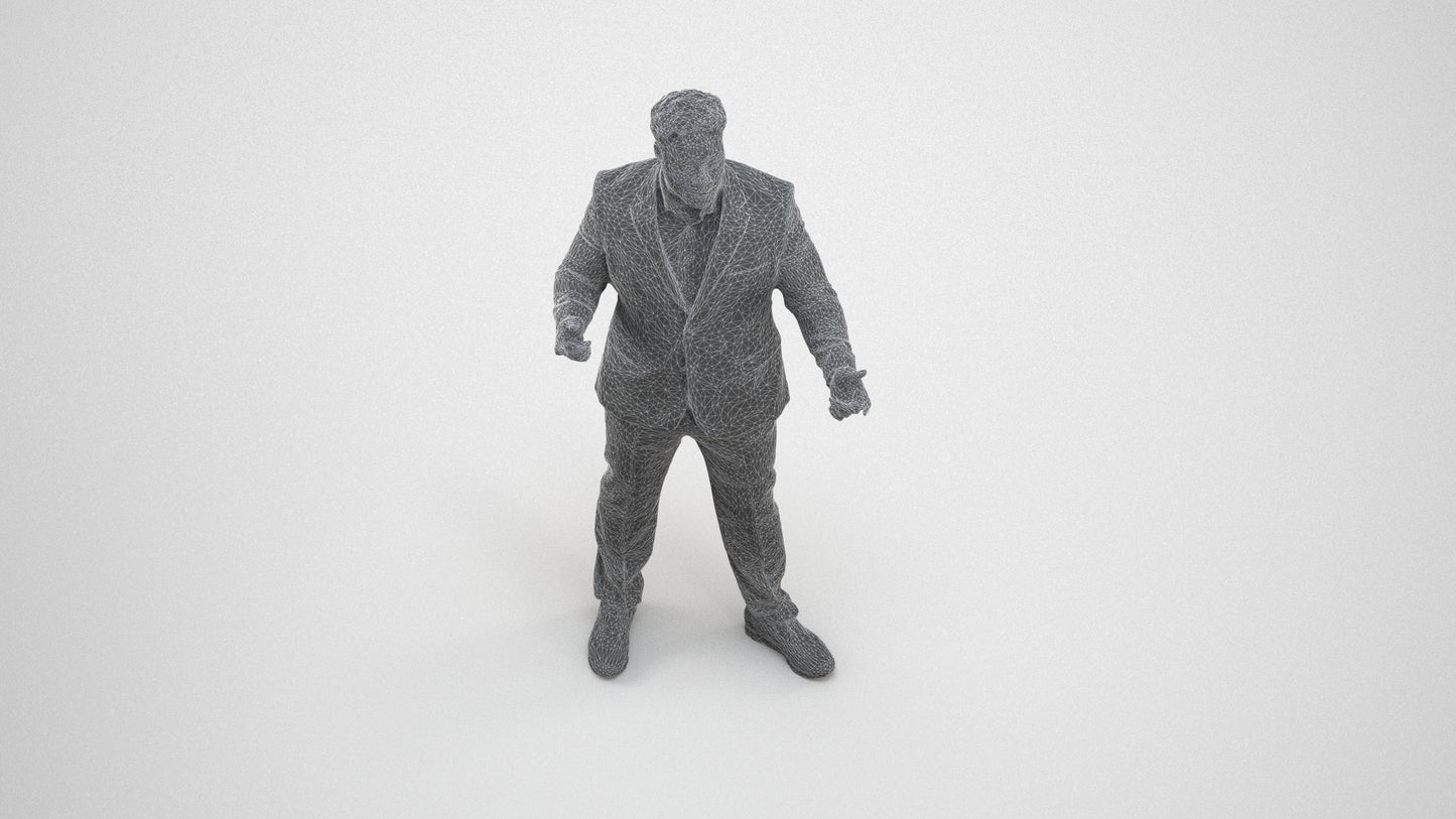 3D human model man business, photogrammetry scanned person for archviz, wireframe three-quarter view