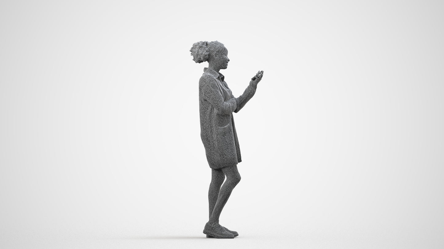 realistic 3D woman casual standing, scanned archviz people for Blender and 3ds Max, wireframe side view