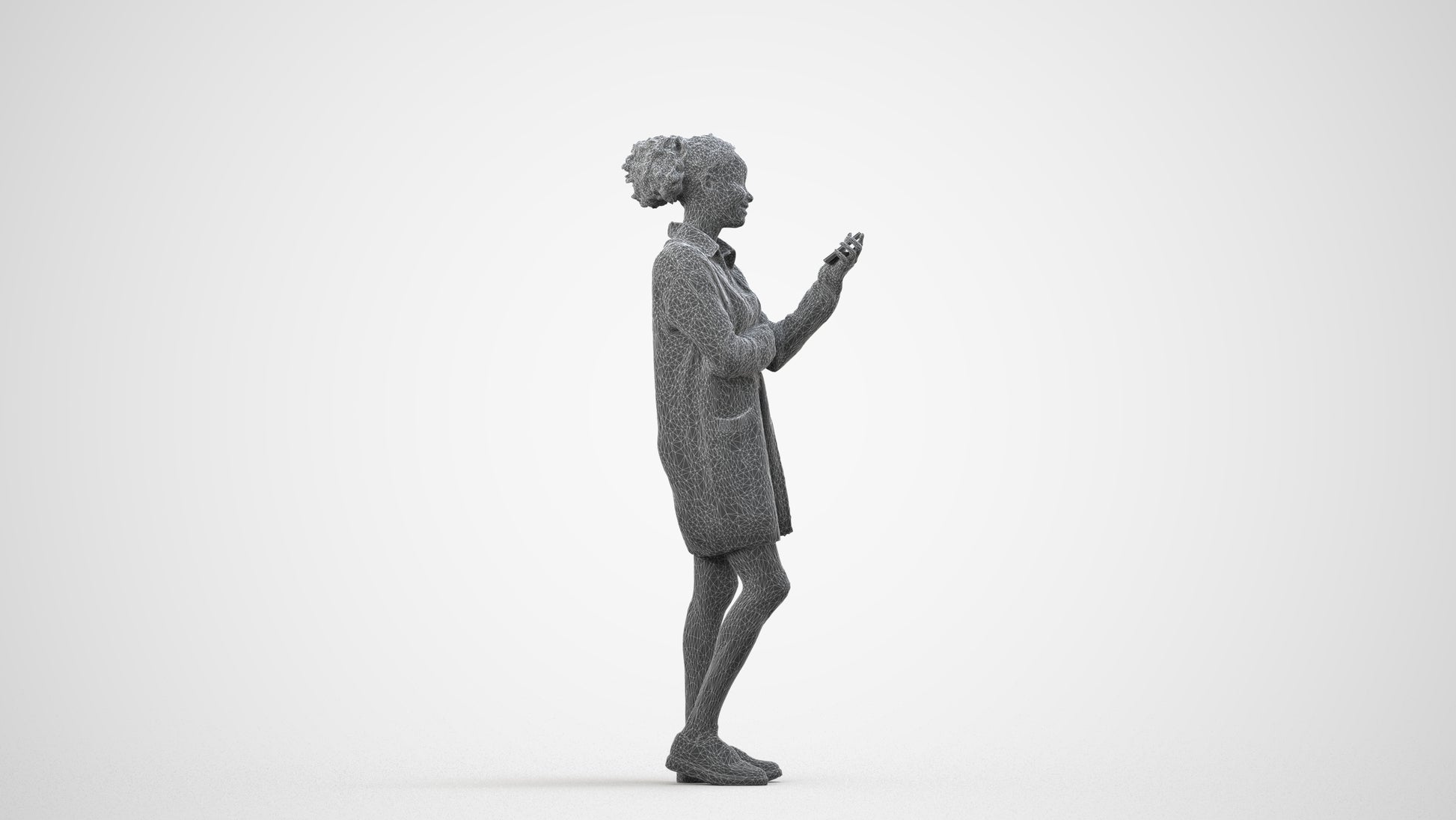 realistic 3D woman casual standing, scanned archviz people for Blender and 3ds Max, wireframe side view