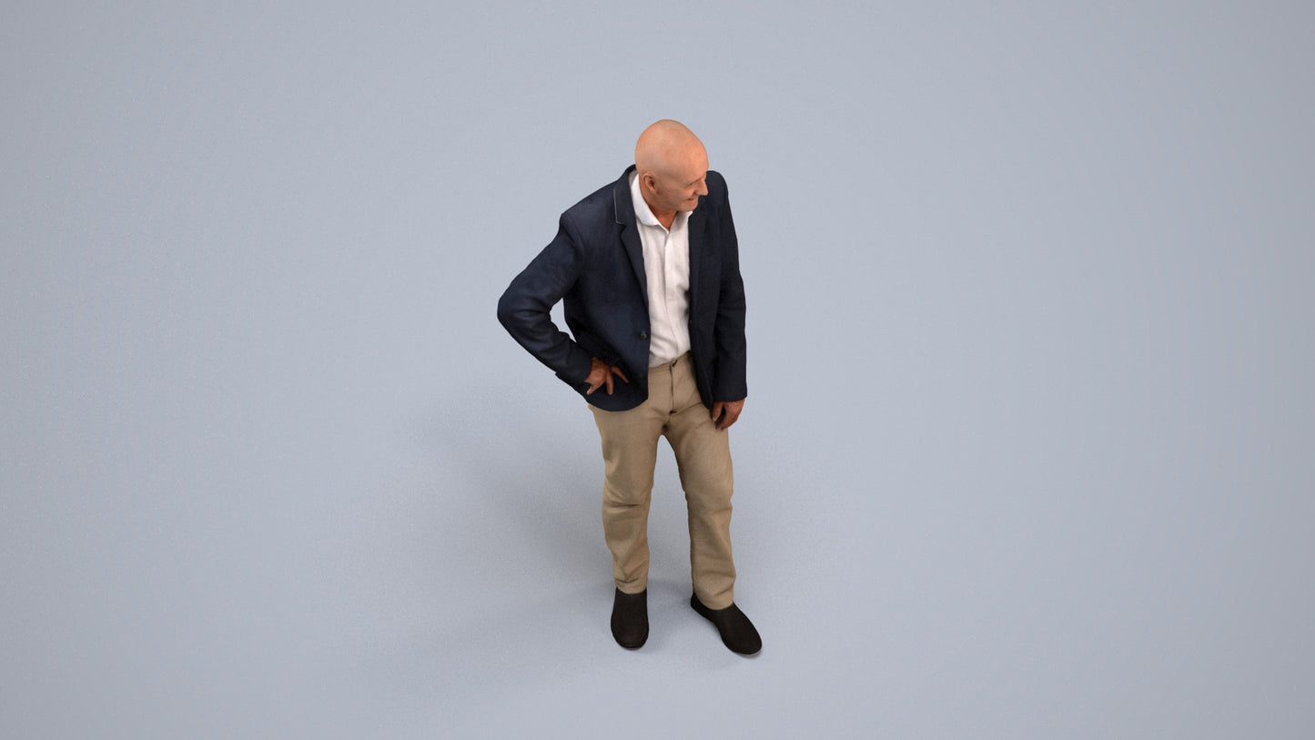 realistic 3D senior man business, scanned archviz people for Blender and 3ds Max, back view render