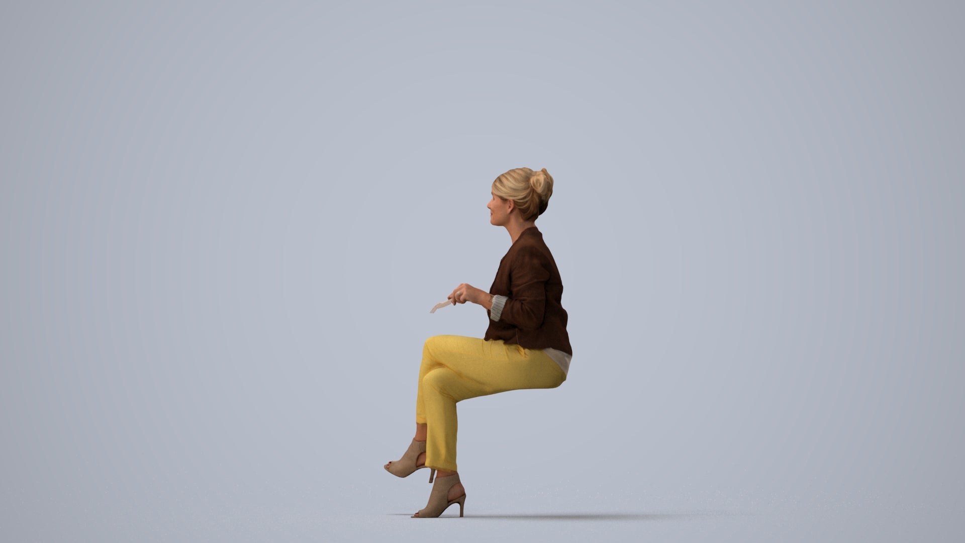 scanned 3D woman business sitting, photogrammetry people for Enscape and V-Ray, three-quarter view render