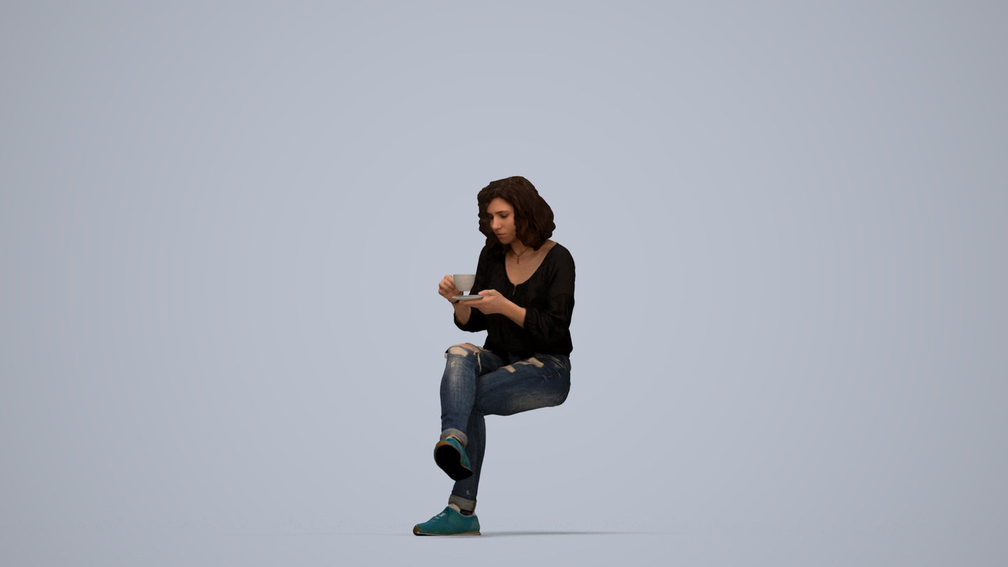 photogrammetry 3D woman casual sitting, realistic human model archviz FBX, top-down view render