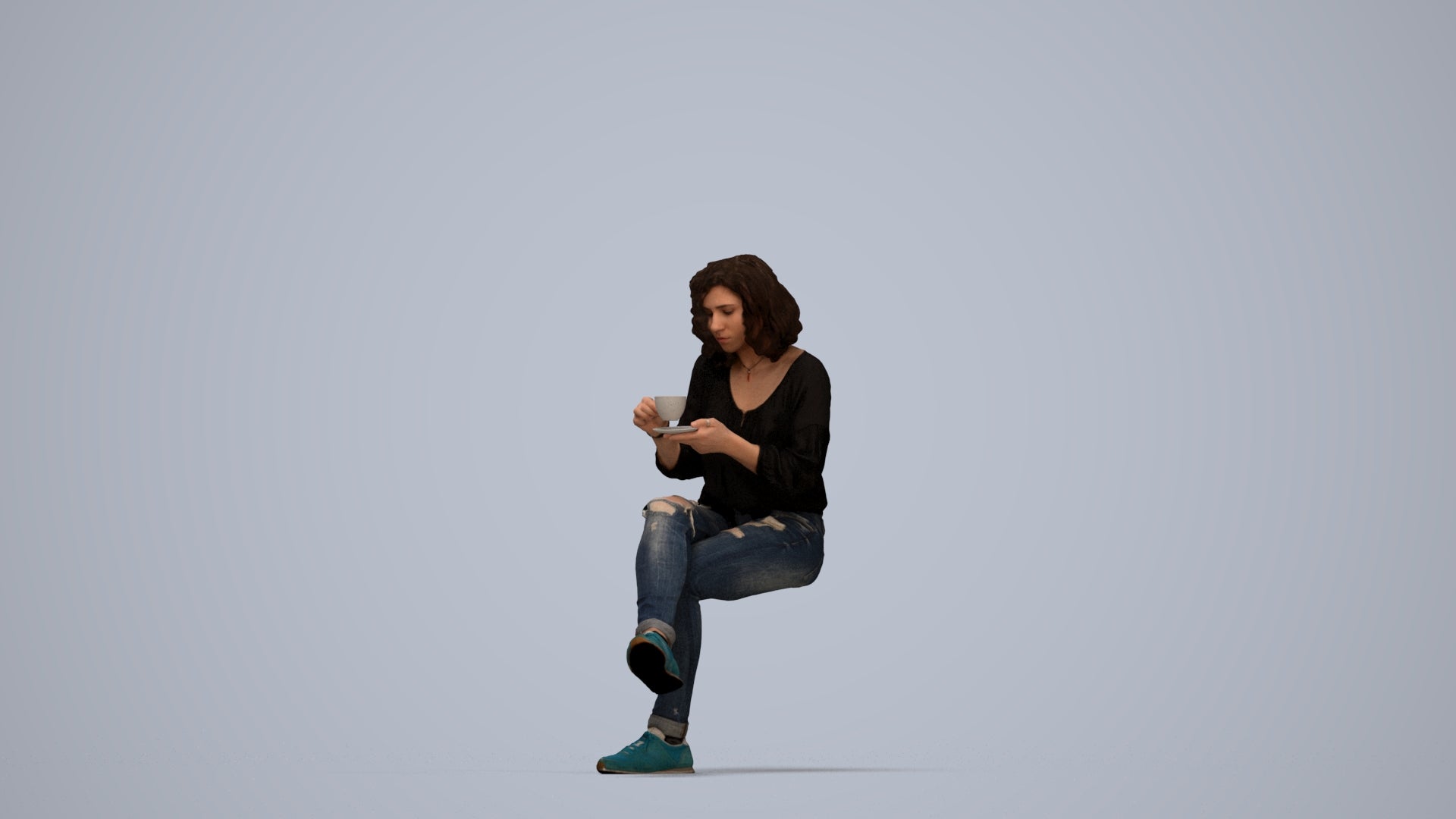 photogrammetry 3D woman casual sitting, realistic human model archviz FBX, top-down view render