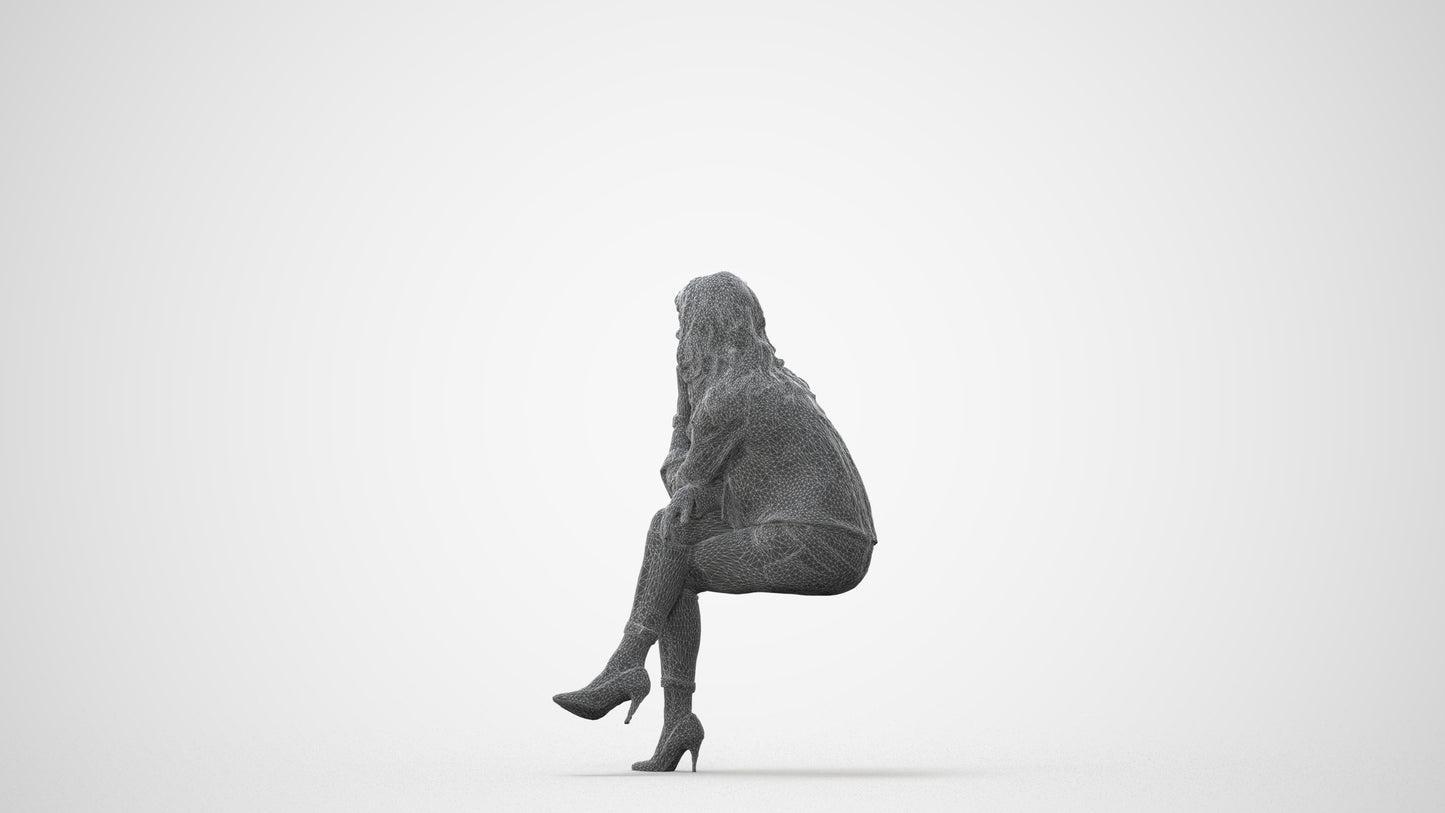 realistic 3D human woman casual sitting, archviz people FBX OBJ for Blender, square thumbnail