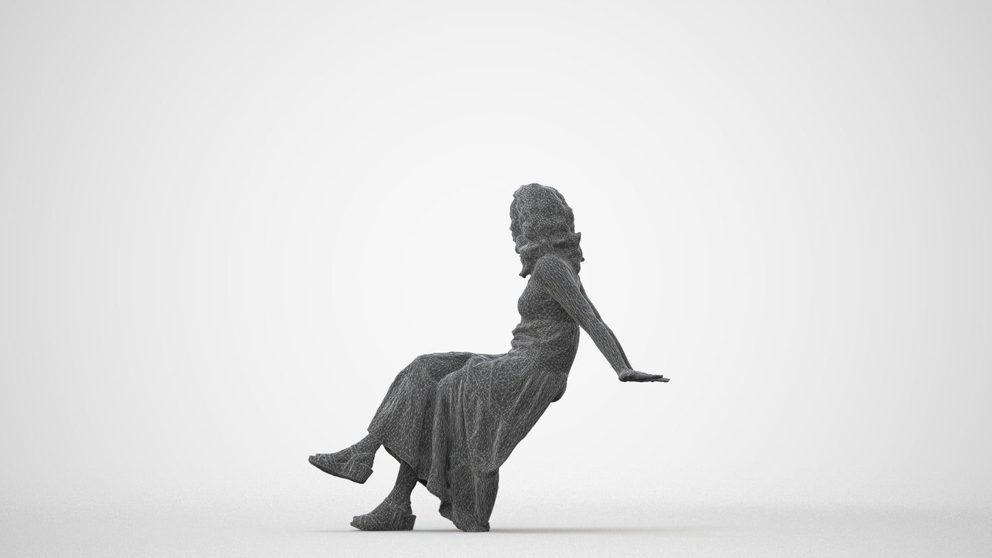 realistic 3D woman casual sitting, scanned archviz people for Blender and 3ds Max, square thumbnail