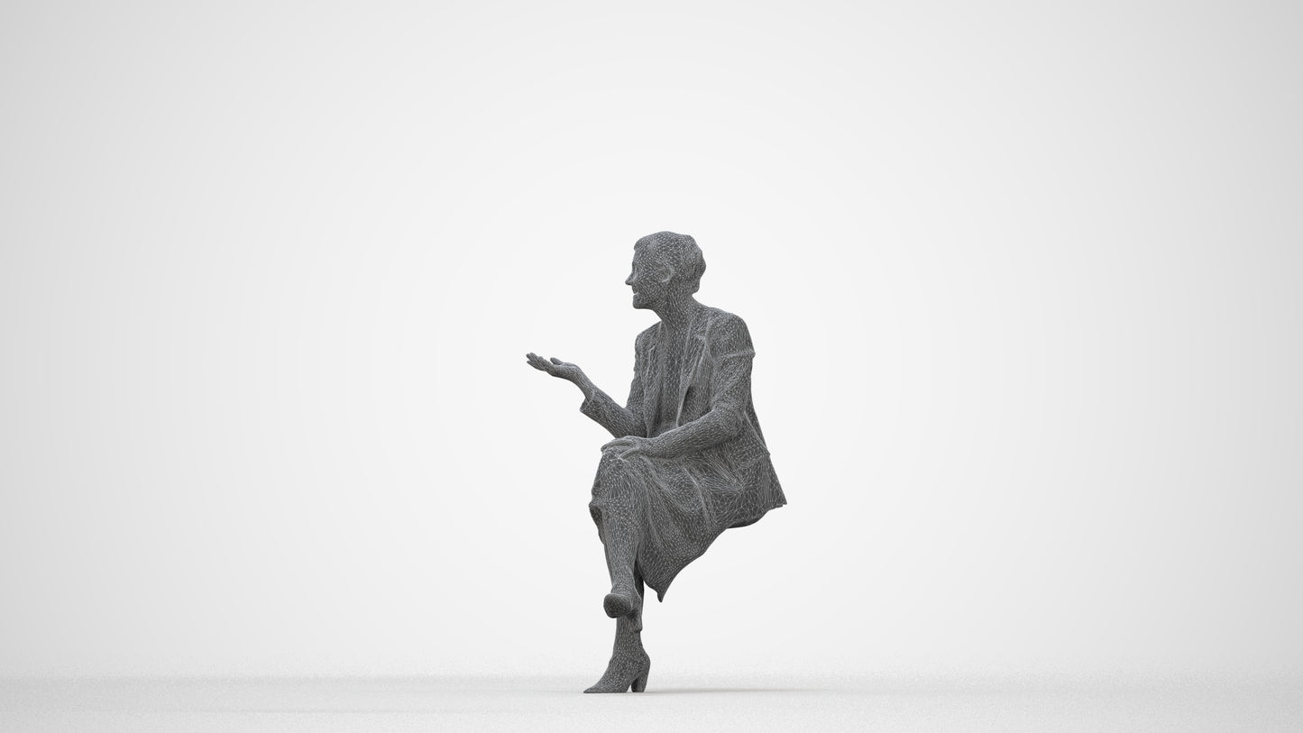 3D human model woman business sitting, photogrammetry scanned person for archviz, wireframe back view
