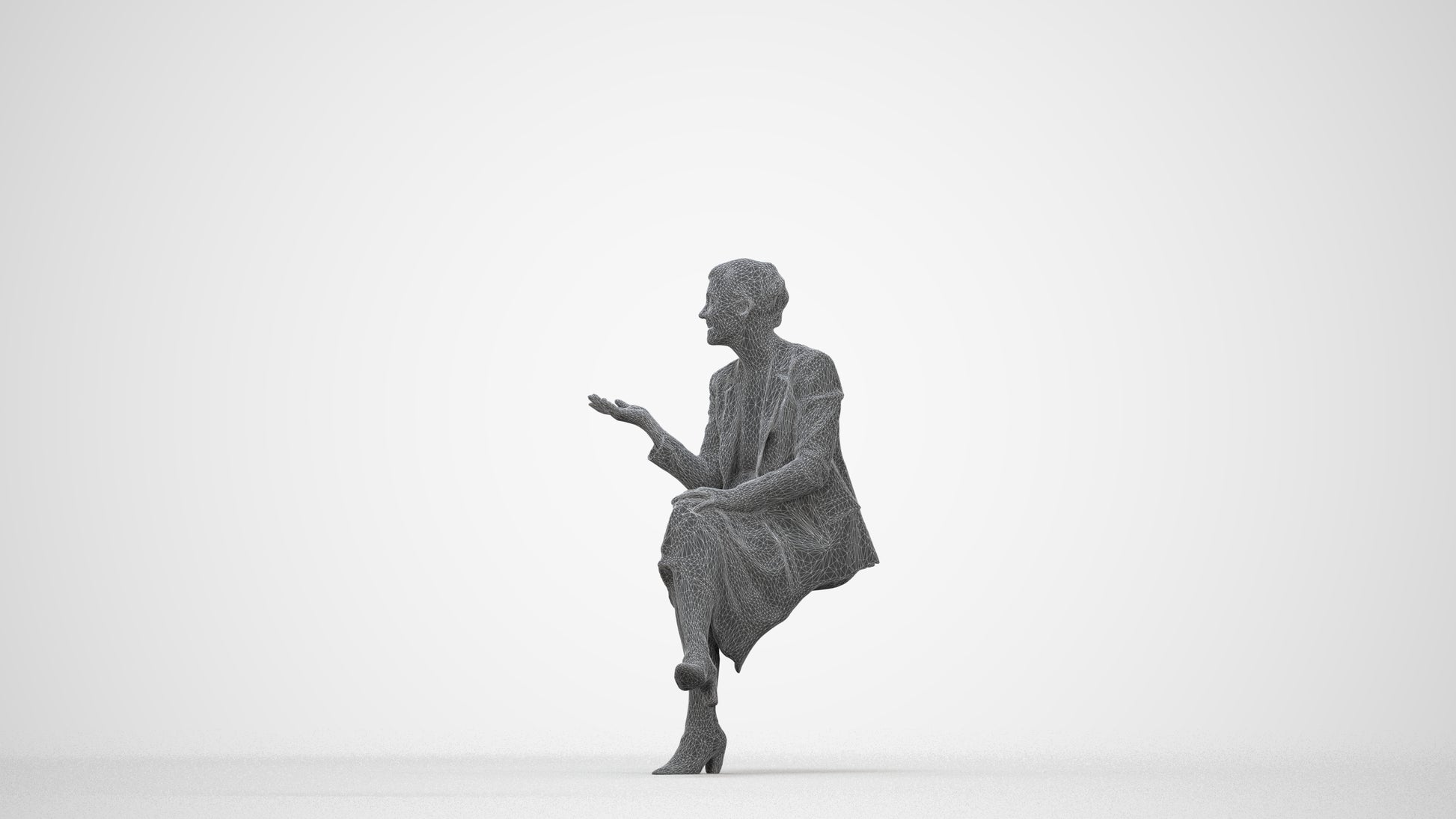3D human model woman business sitting, photogrammetry scanned person for archviz, wireframe back view