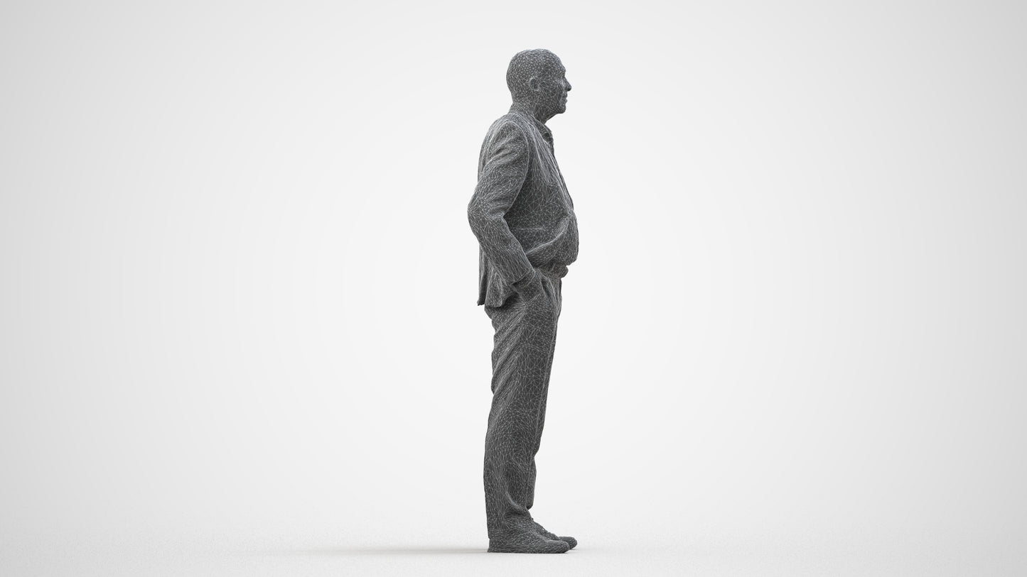 scanned 3D senior man business standing, photogrammetry people for Enscape and V-Ray, wireframe side view