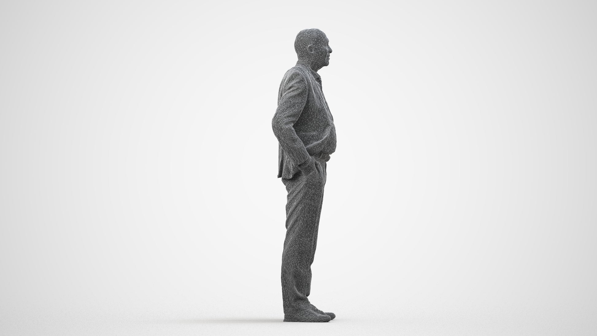 scanned 3D senior man business standing, photogrammetry people for Enscape and V-Ray, wireframe side view