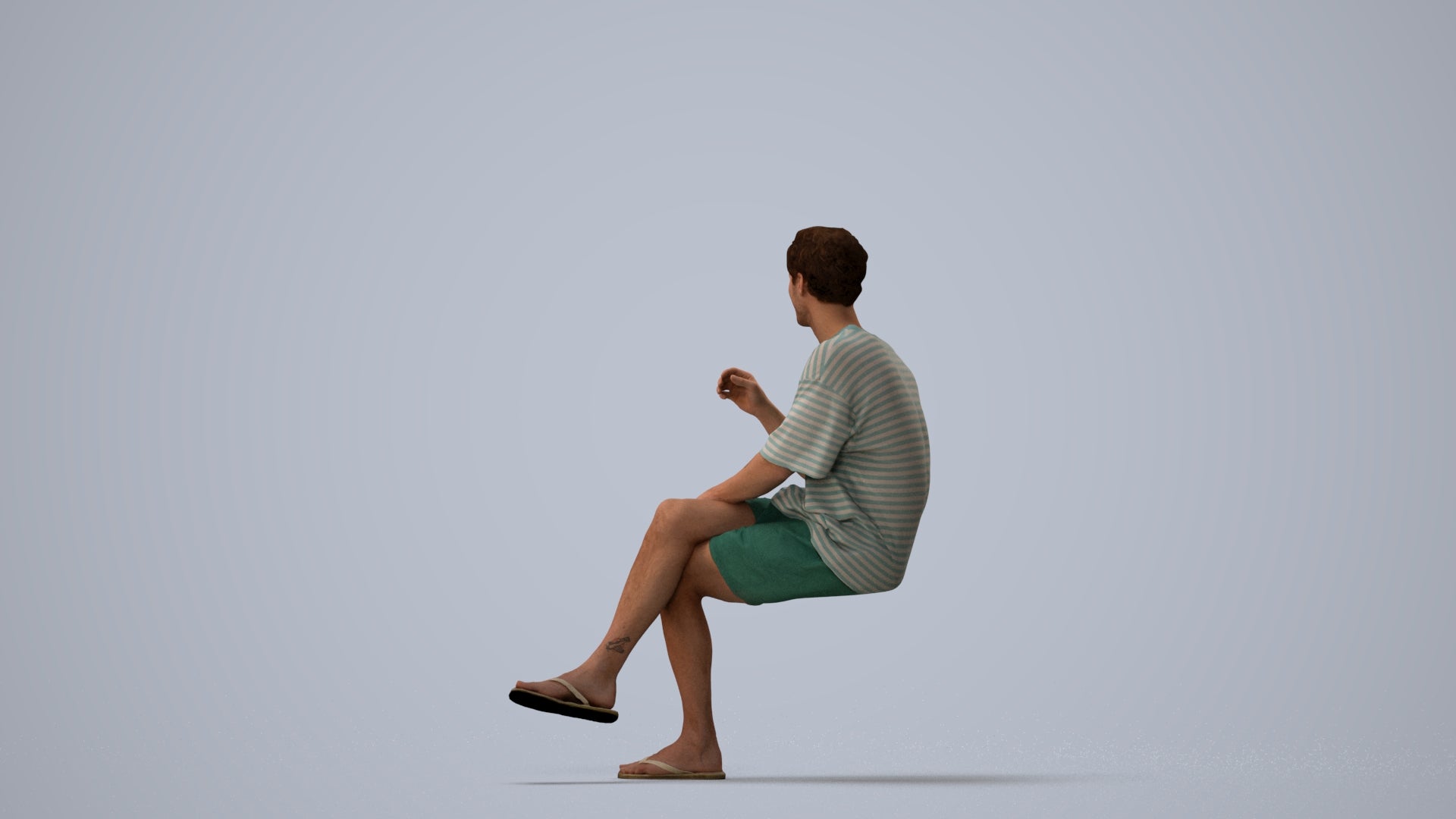 realistic 3D man casual sitting, scanned archviz people for Blender and 3ds Max, three-quarter view render
