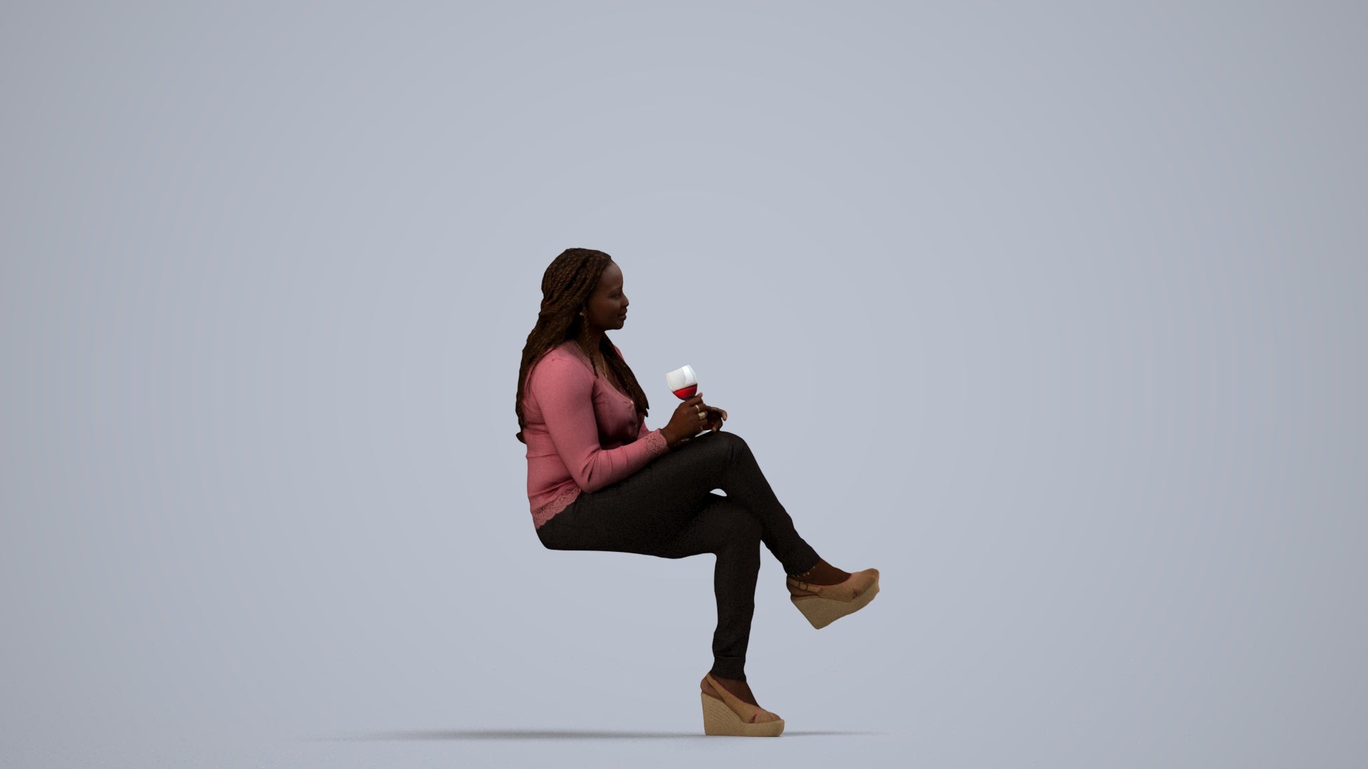 3D human model woman casual sitting, photogrammetry scanned person for archviz, side view render