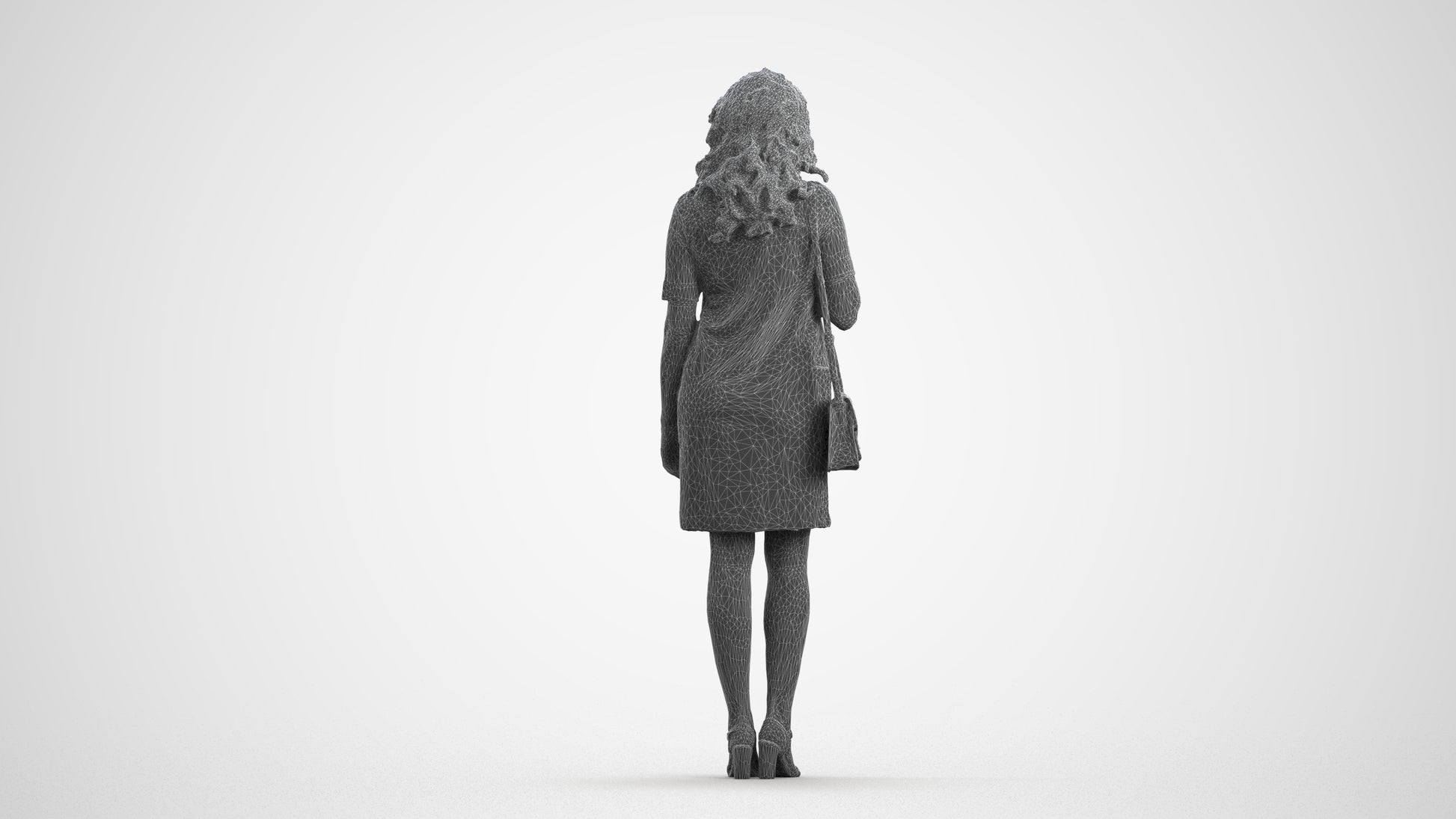 realistic 3D woman business standing, scanned archviz people for Blender and 3ds Max, wireframe front view