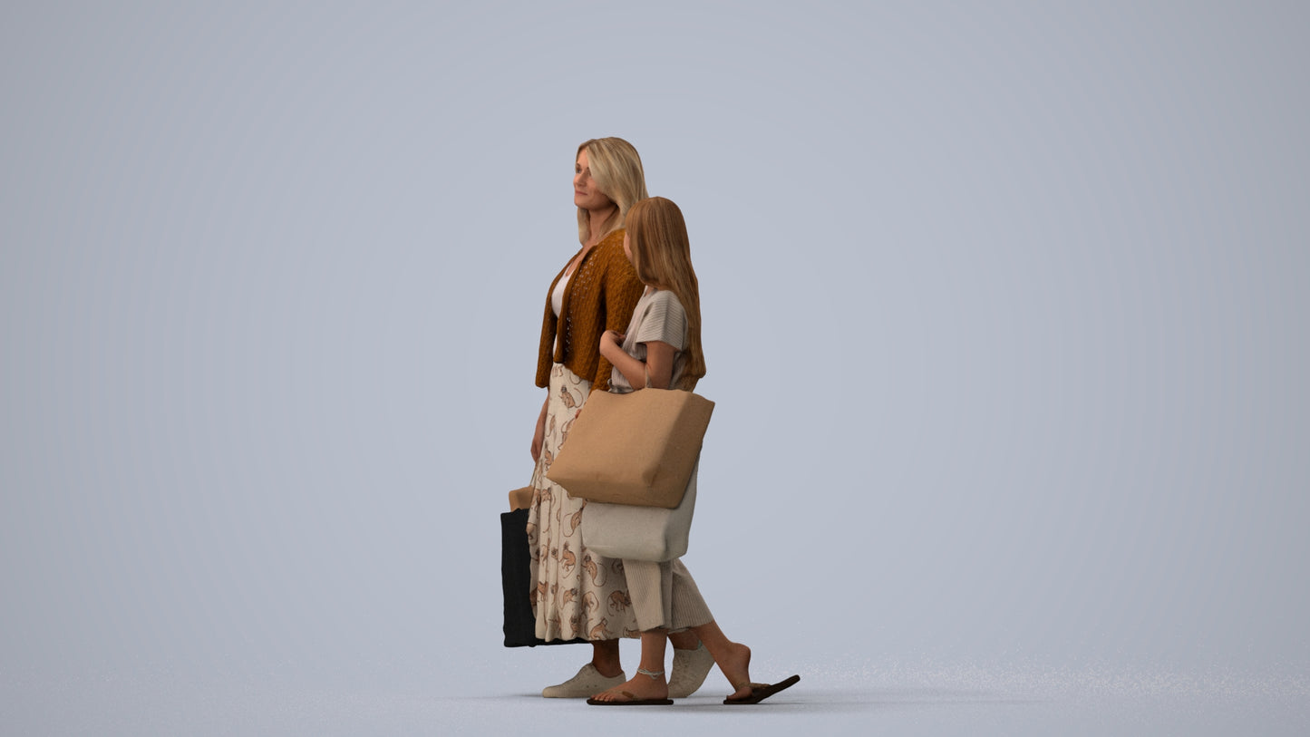 3D human model girl casual shopping, photogrammetry scanned person for archviz, three-quarter view render
