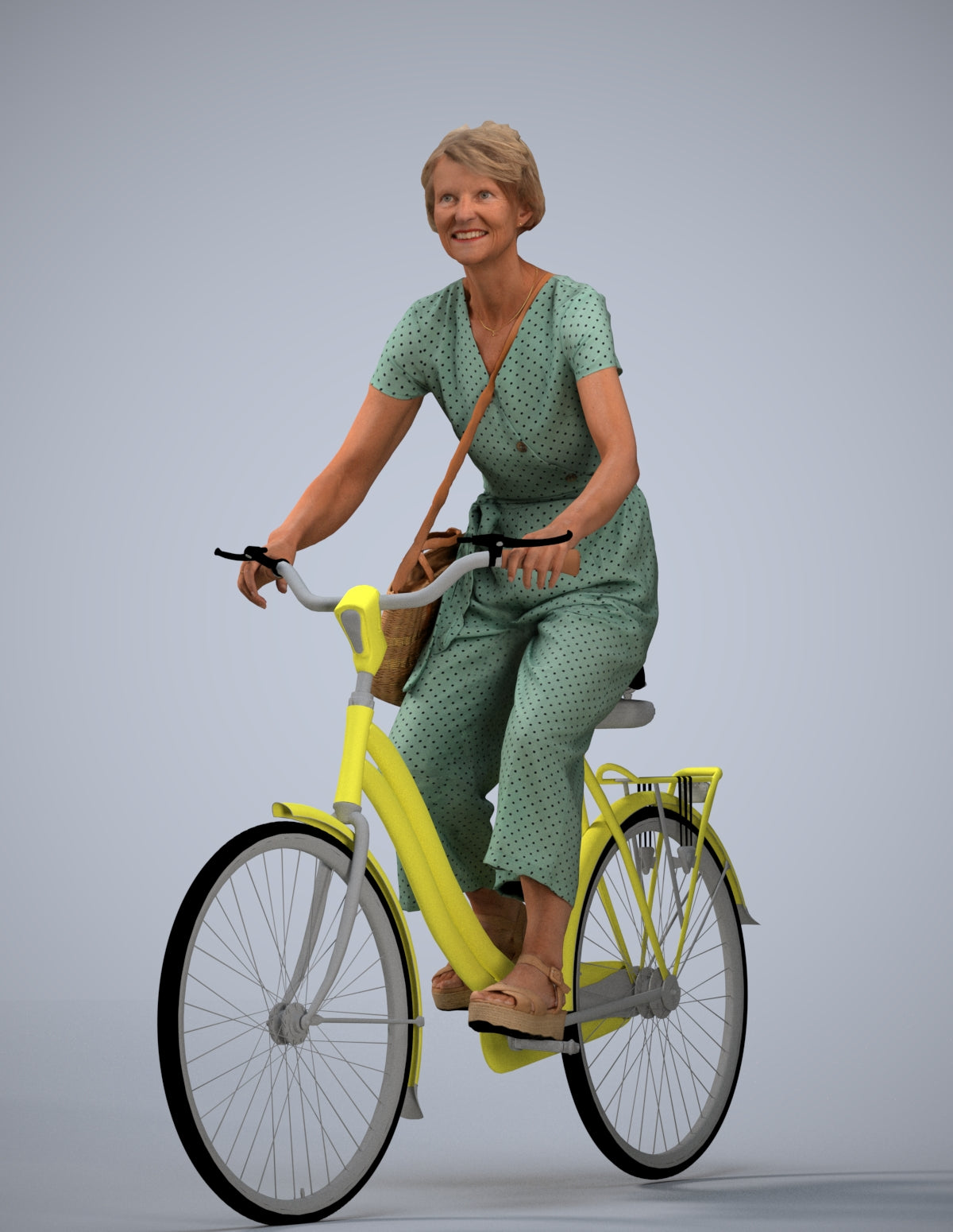 3D scanned senior woman cycling casual, photorealistic archviz people for Enscape and SketchUp