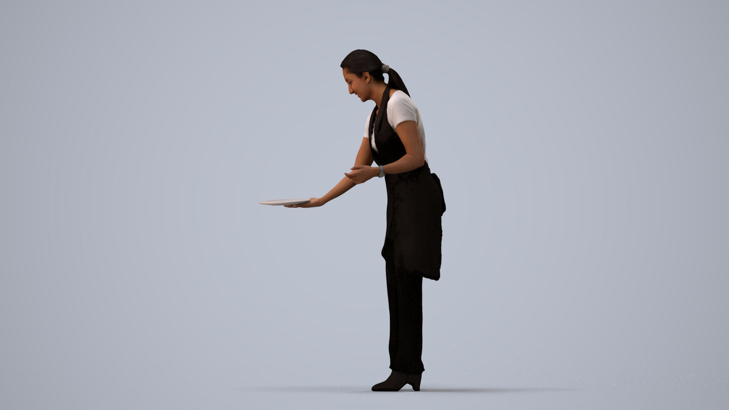 realistic 3D human woman hospitality, archviz people FBX OBJ for Blender, three-quarter view render