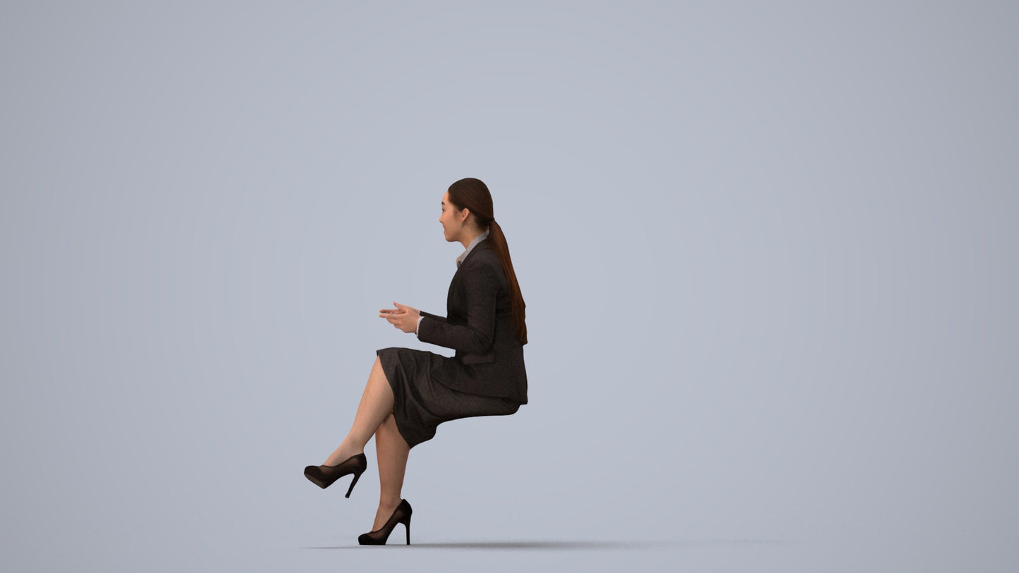 realistic 3D woman business sitting, scanned archviz people for Blender and 3ds Max, three-quarter view render