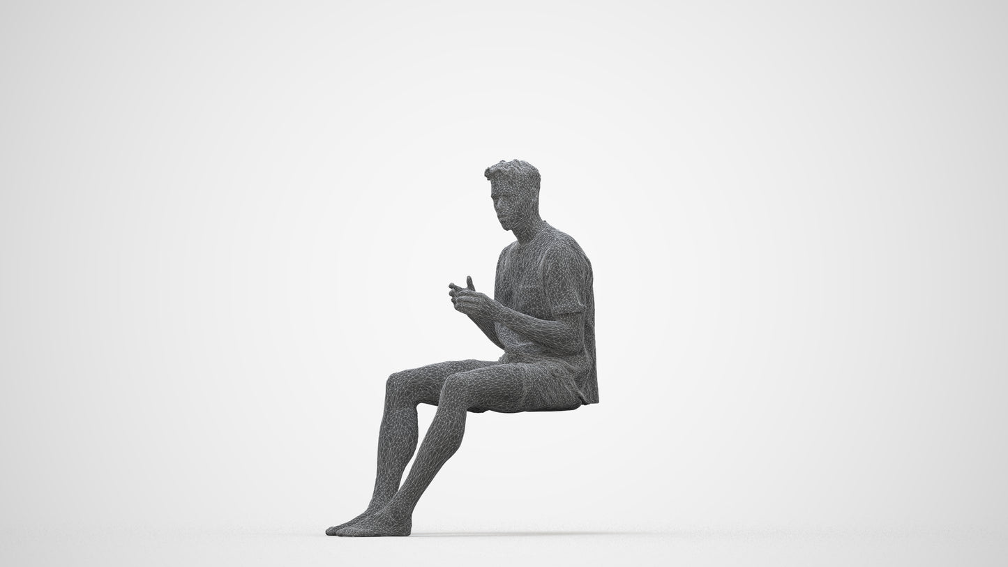 3D scanned man sitting casual, photorealistic archviz people for Enscape and SketchUp, wireframe back view