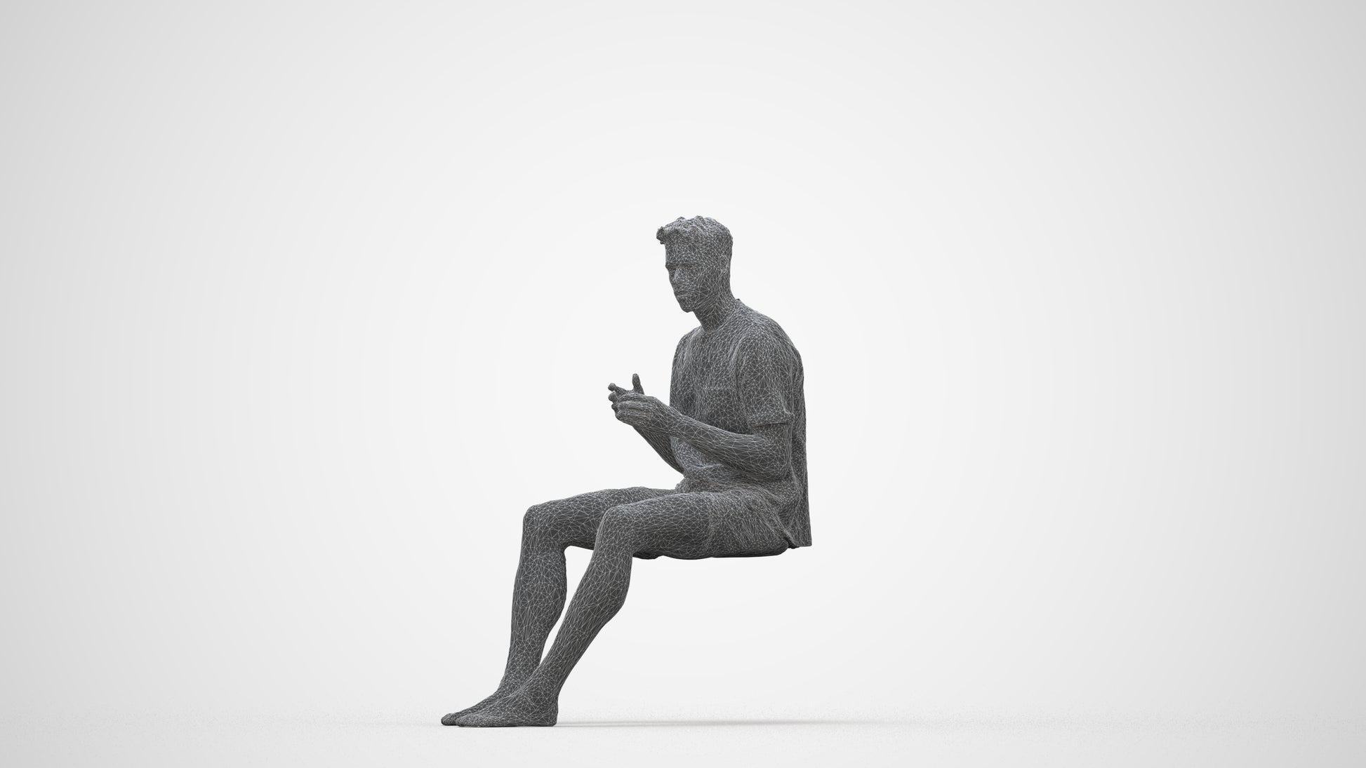 3D scanned man sitting casual, photorealistic archviz people for Enscape and SketchUp, wireframe back view
