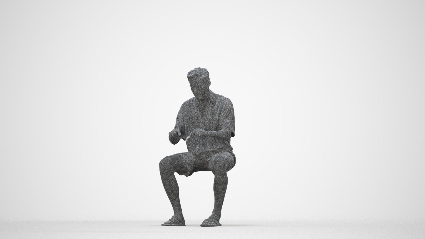 3D human model man casual sitting, photogrammetry scanned person for archviz, wireframe back view