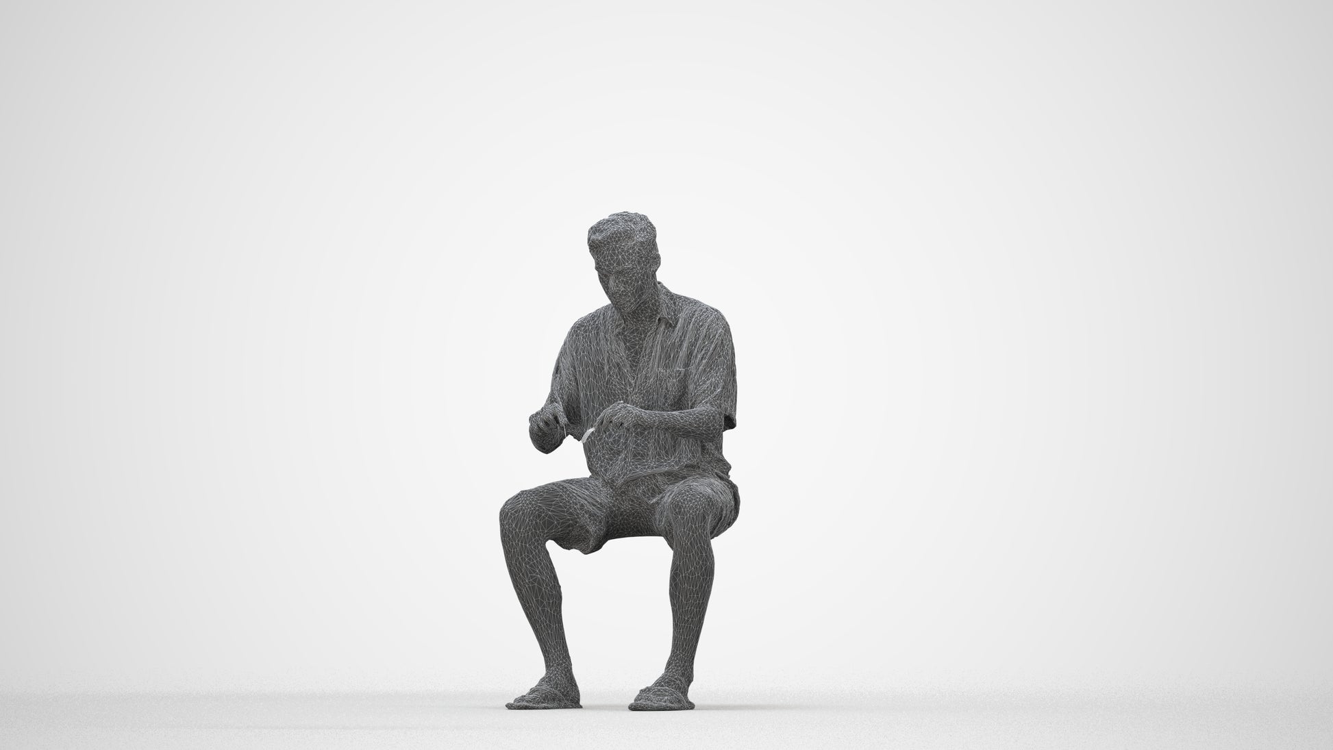 3D human model man casual sitting, photogrammetry scanned person for archviz, wireframe back view