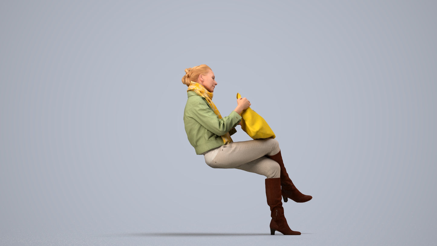 realistic 3D human woman casual sitting, archviz people FBX OBJ for Blender, side view render