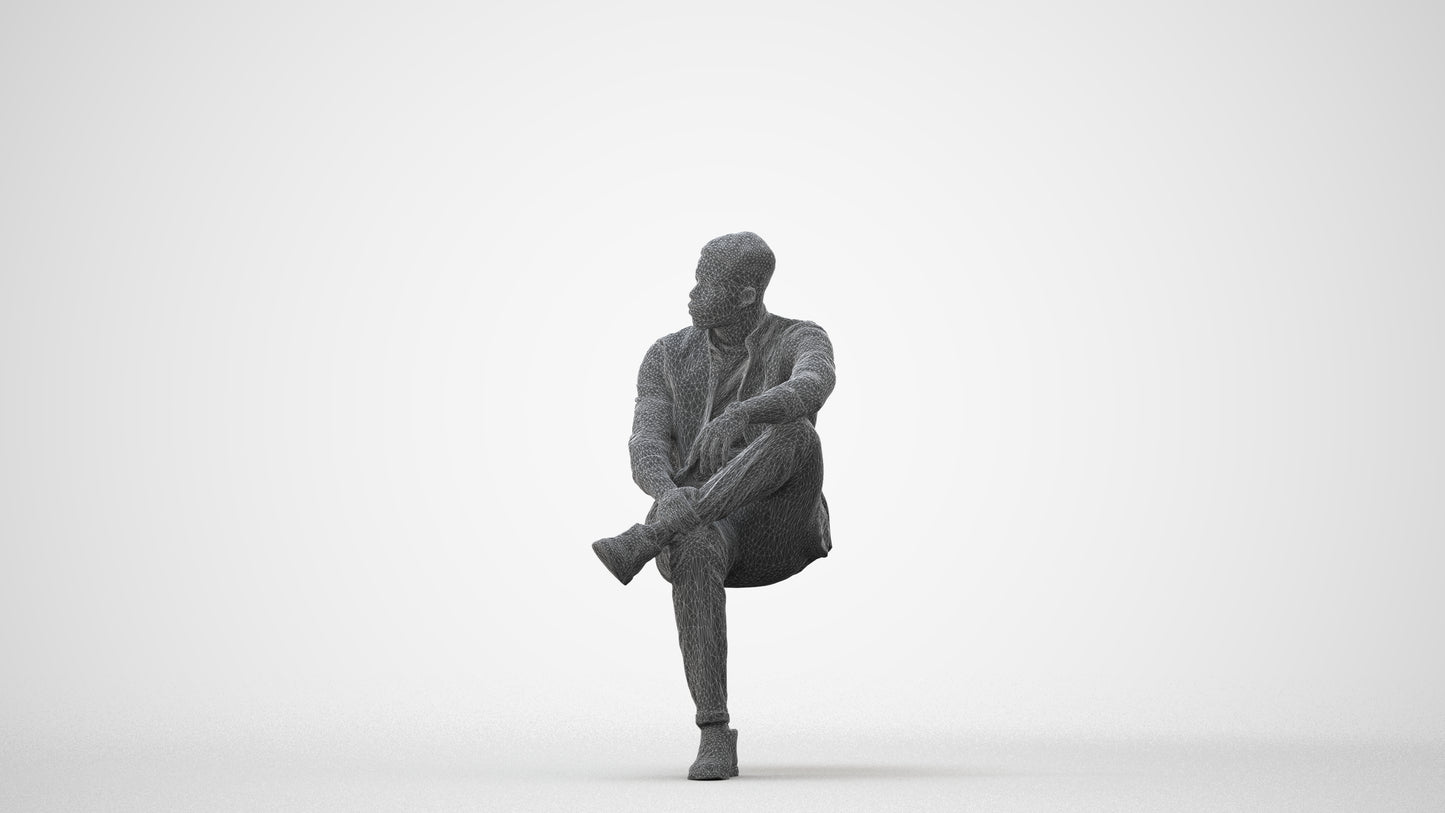 scanned 3D man casual sitting, photogrammetry people for Enscape and V-Ray, square thumbnail