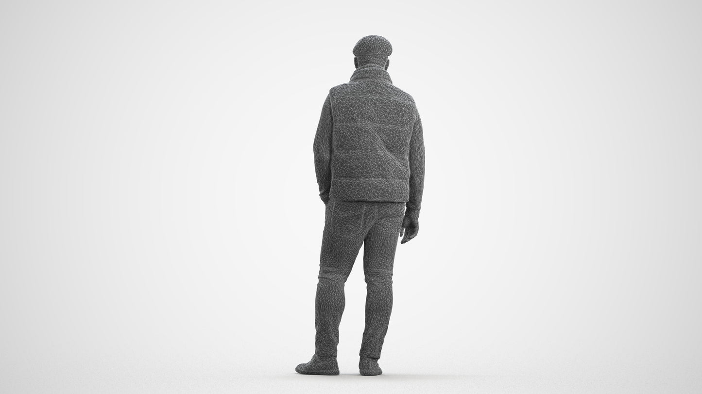 3D scanned man standing casual, photorealistic archviz people for Enscape and SketchUp, wireframe front view