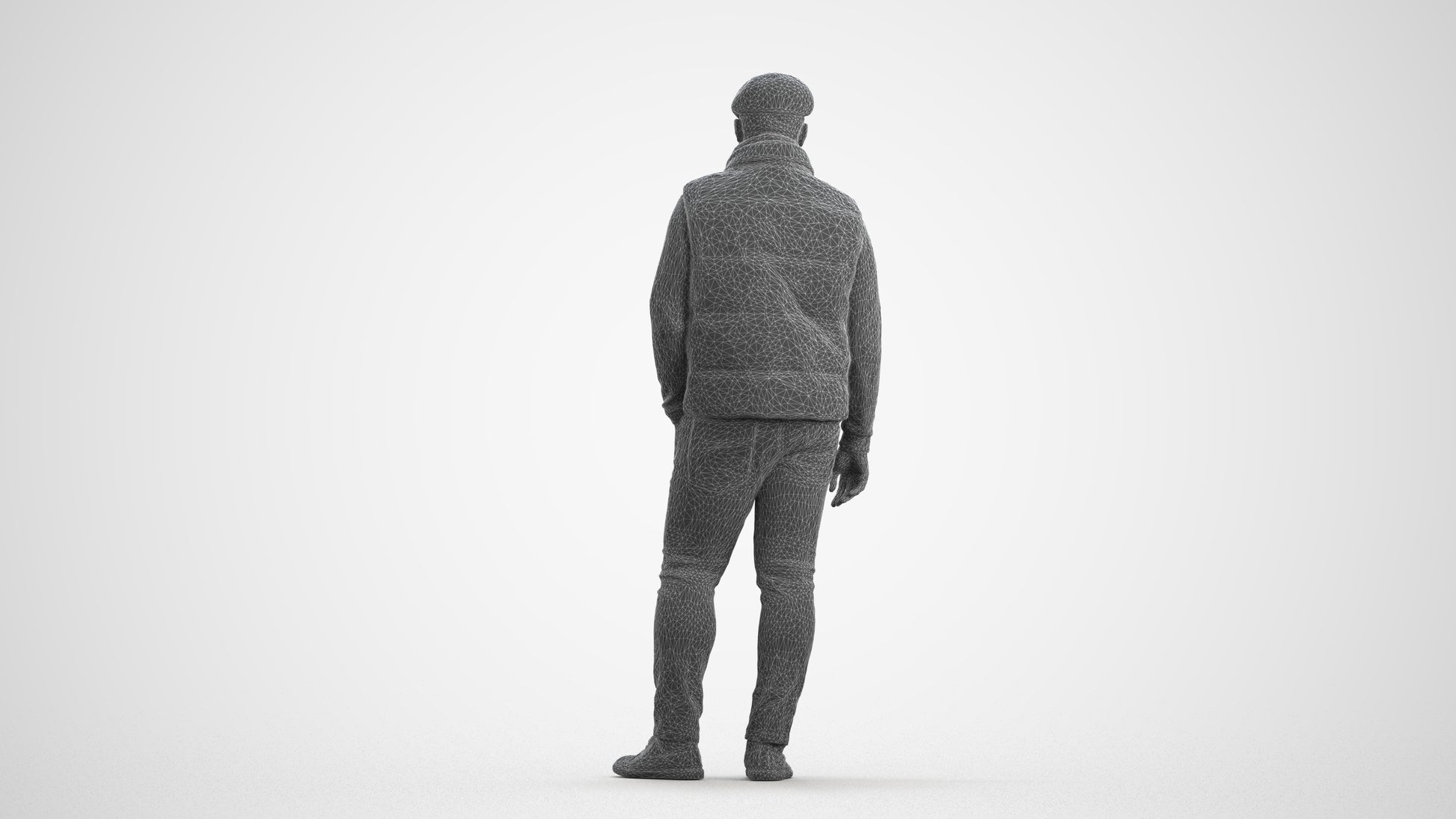 3D scanned man standing casual, photorealistic archviz people for Enscape and SketchUp, wireframe front view