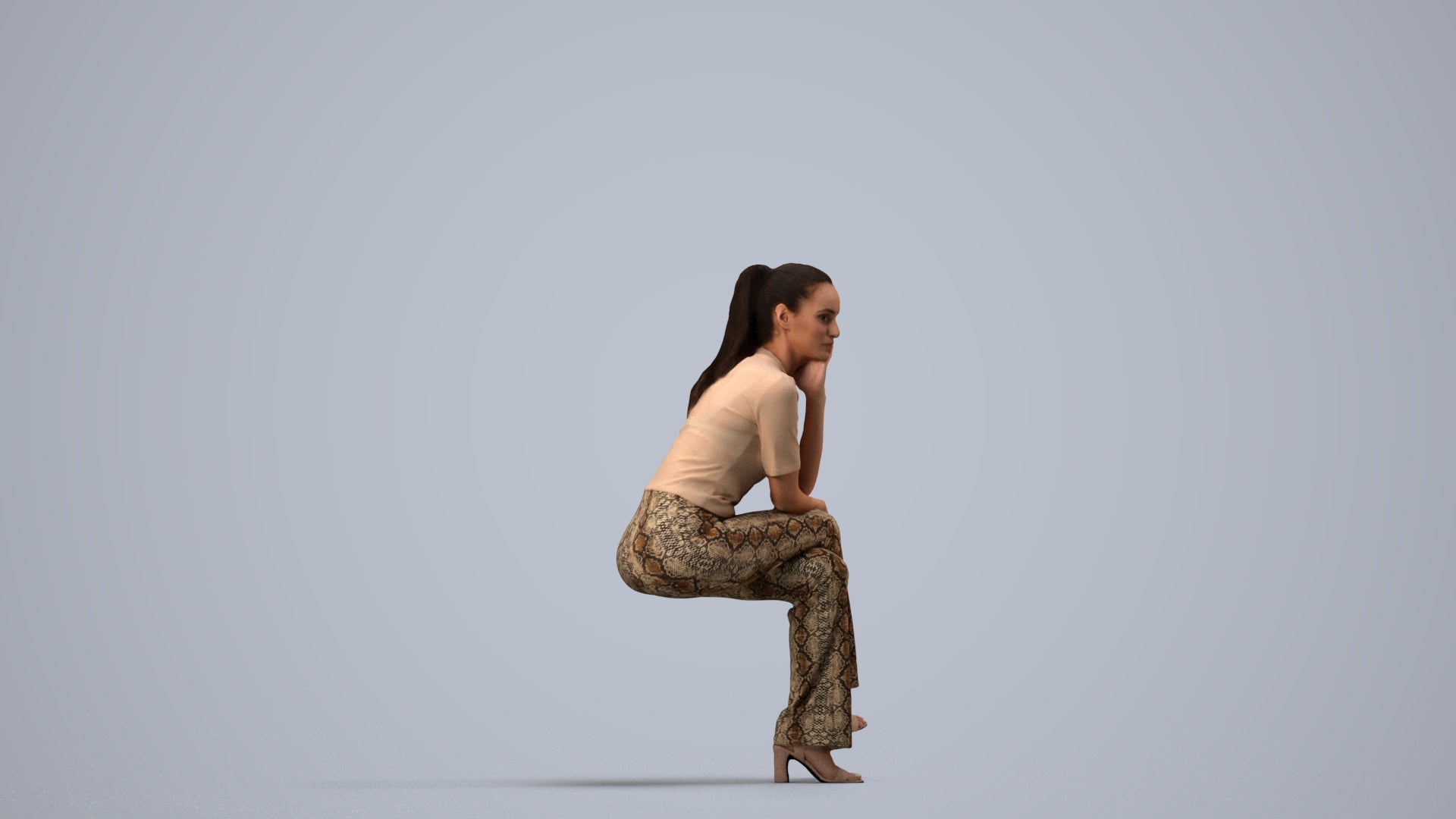 3D people model woman casual sitting, scanned human for 3ds Max rendering, side view render