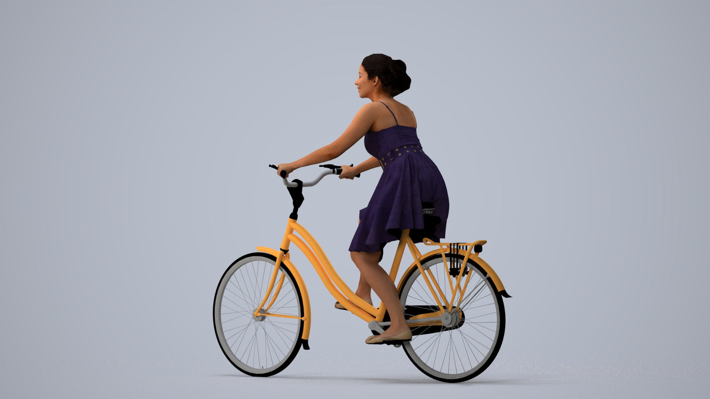 realistic 3D human woman formal cycling, archviz people FBX OBJ for Blender, three-quarter view render
