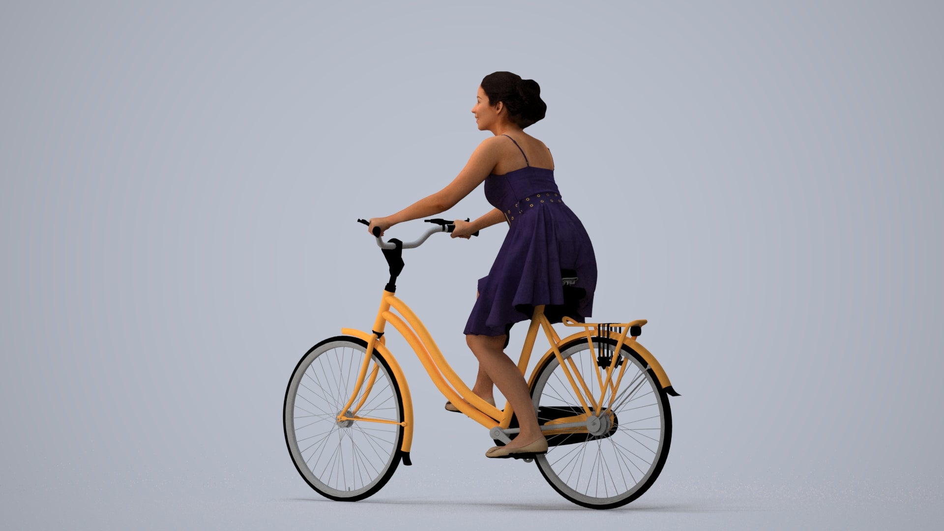 realistic 3D human woman formal cycling, archviz people FBX OBJ for Blender, three-quarter view render