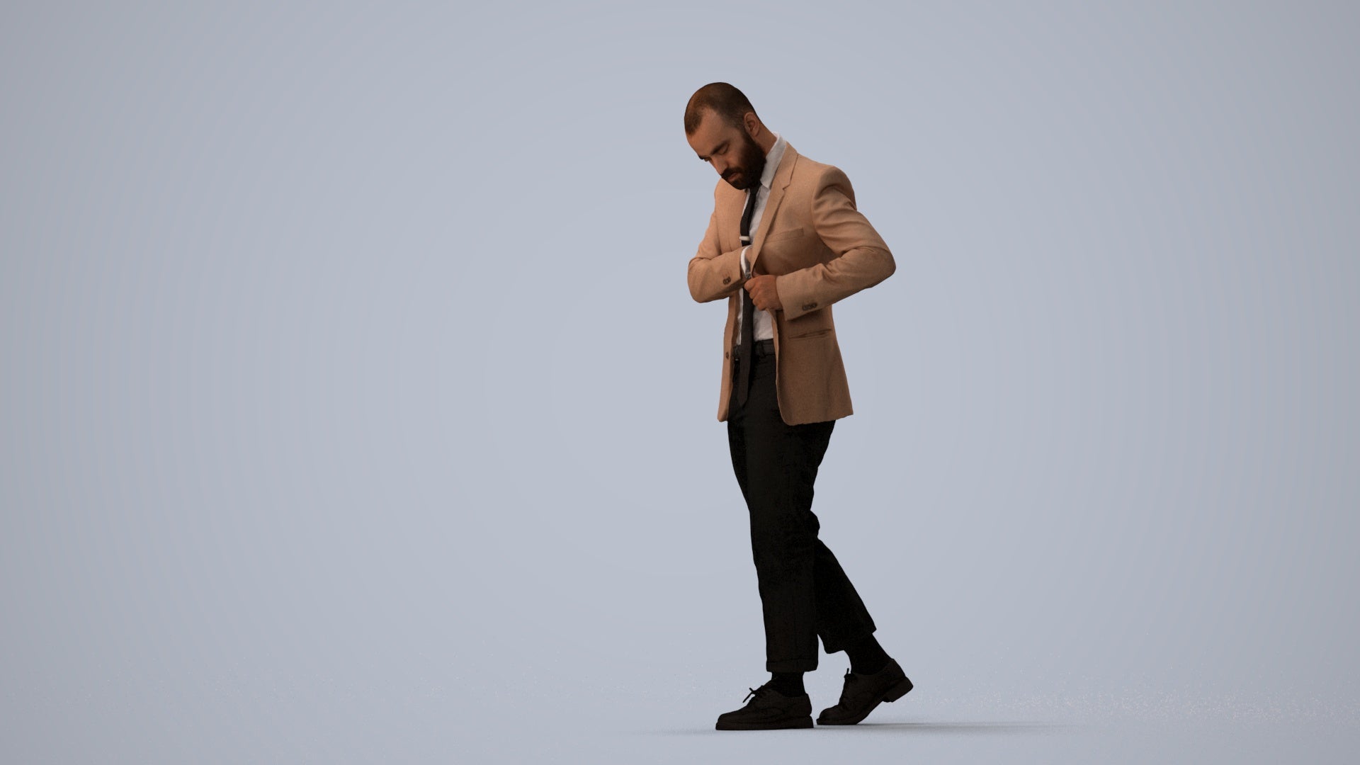 realistic 3D human man business walking, archviz people FBX OBJ for Blender, three-quarter view render