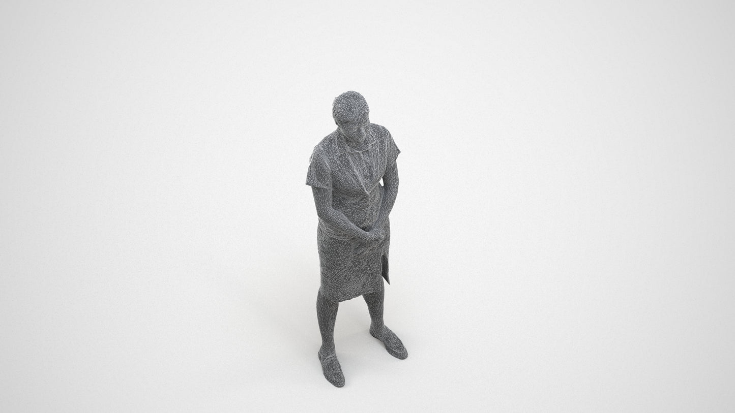3D scanned woman hospitality, photorealistic archviz people for Enscape and SketchUp, wireframe three-quarter view