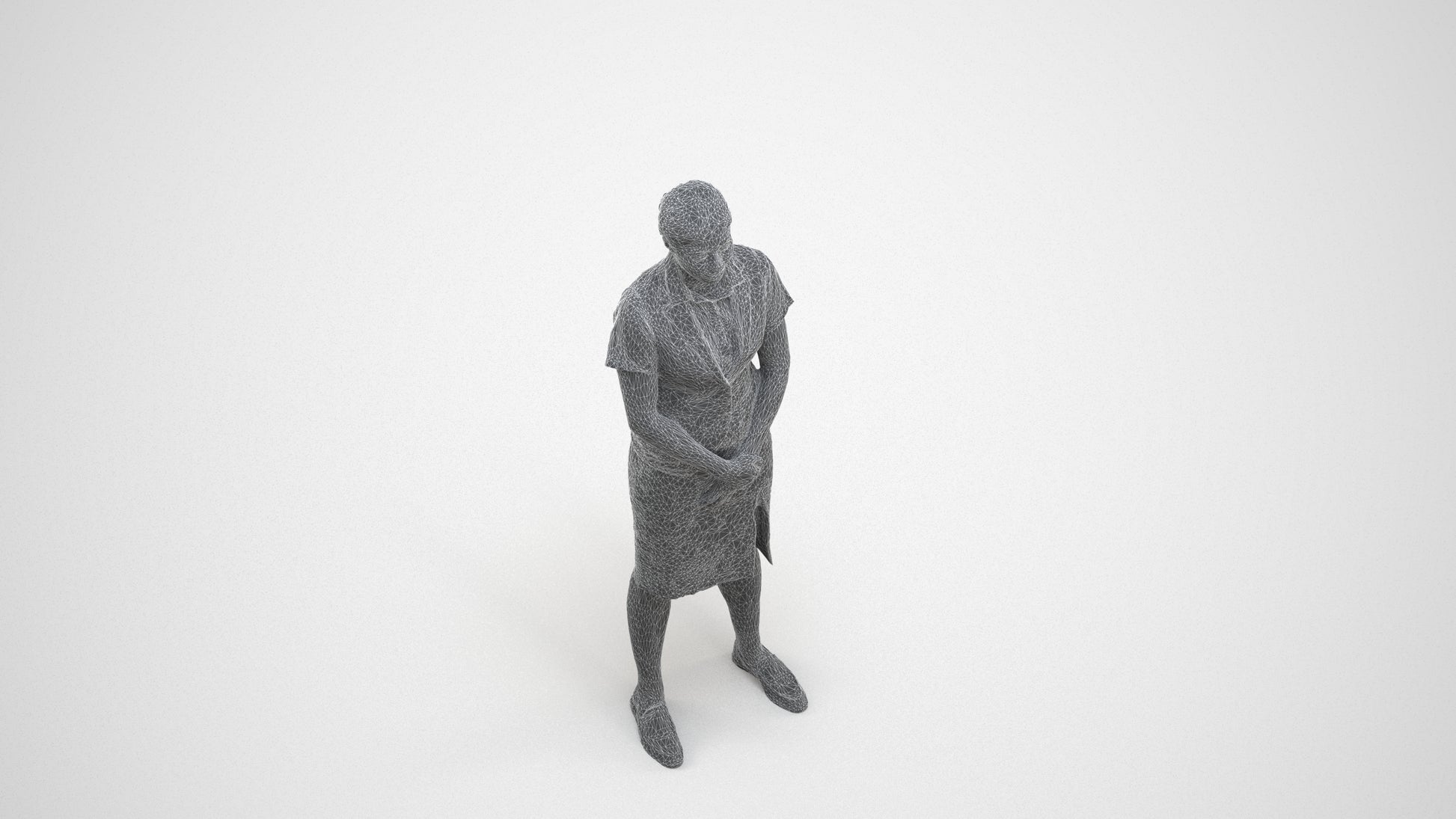 3D scanned woman hospitality, photorealistic archviz people for Enscape and SketchUp, wireframe three-quarter view