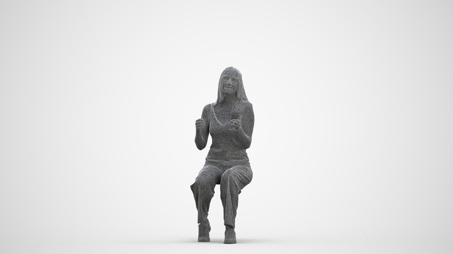 3D people model woman casual sitting, scanned human for 3ds Max rendering, three-quarter front view render