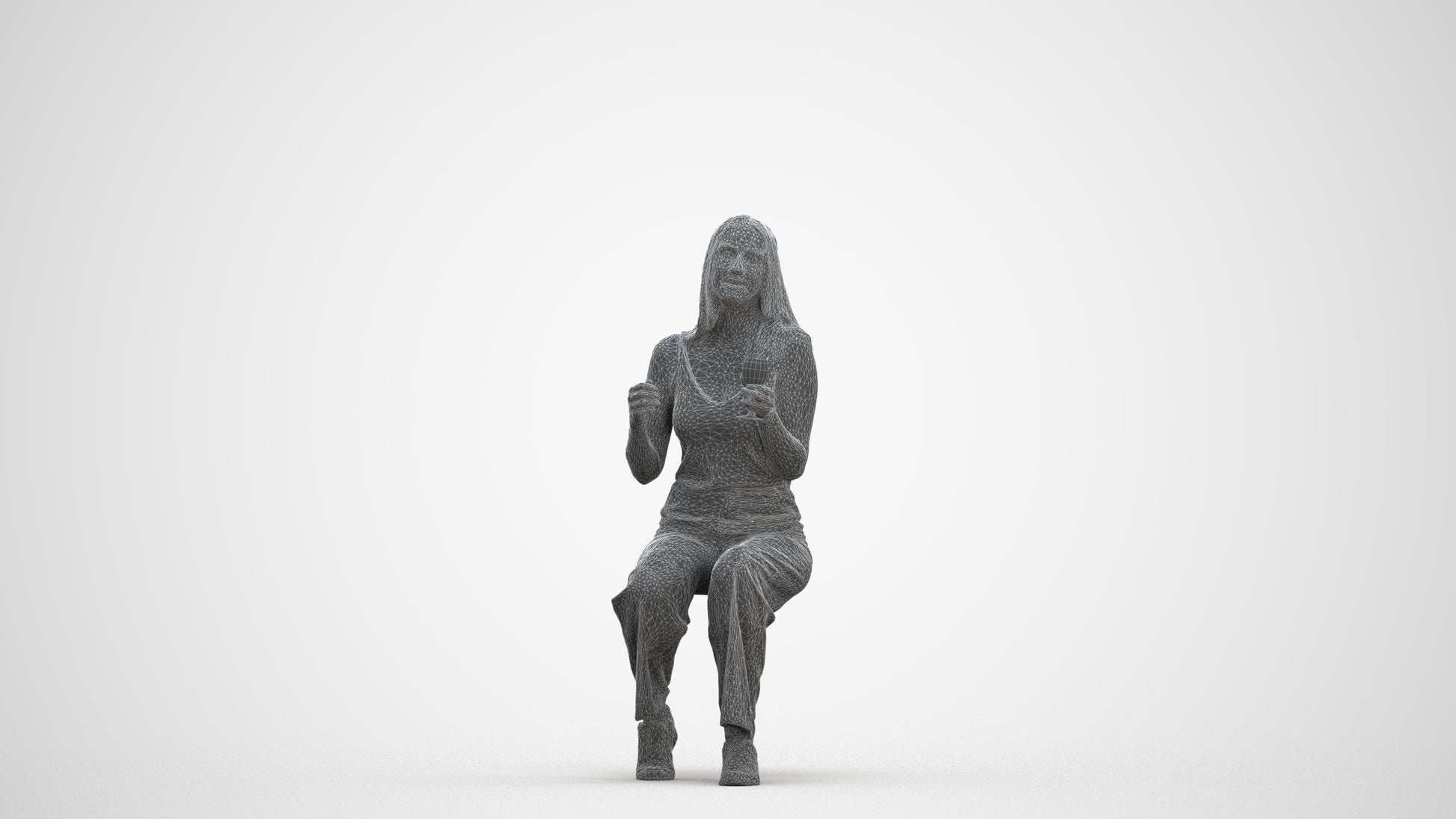 3D people model woman casual sitting, scanned human for 3ds Max rendering, three-quarter front view render