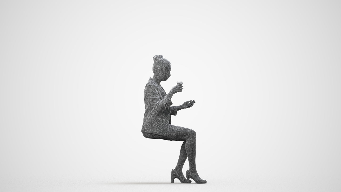 3D human model woman business, photogrammetry scanned person for archviz, wireframe side view