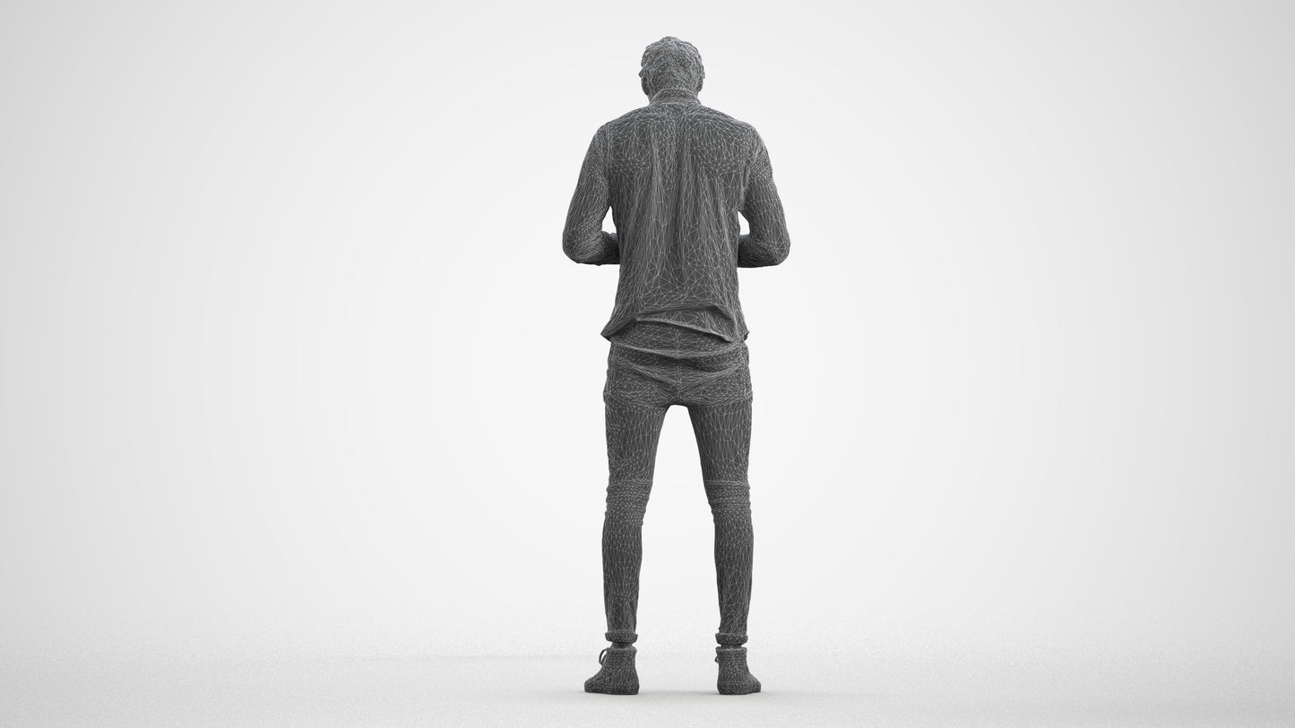 3D people model man casual standing, scanned human for 3ds Max rendering, wireframe front view