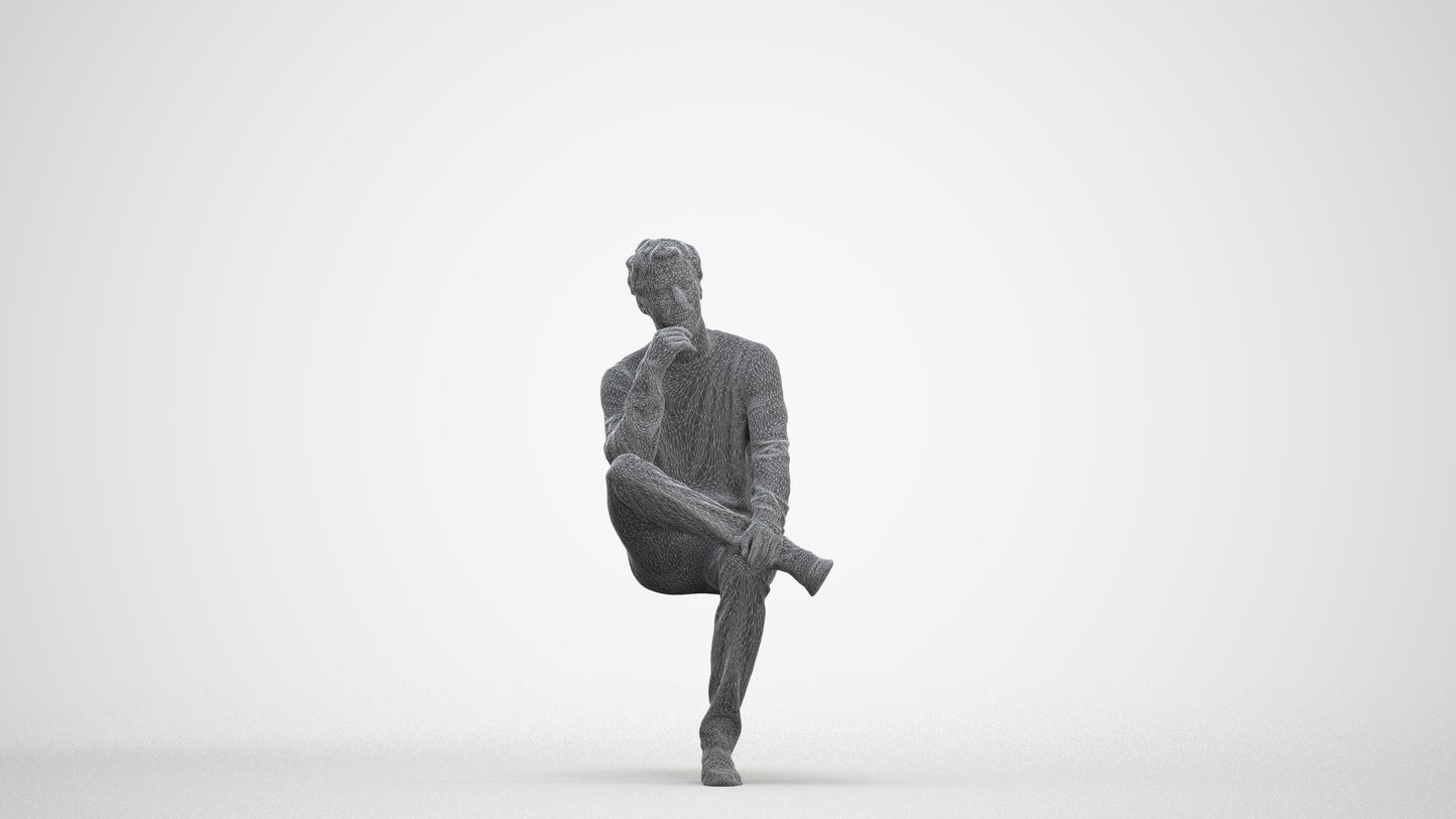 3D people model man casual sitting, scanned human for 3ds Max rendering, three-quarter front view render