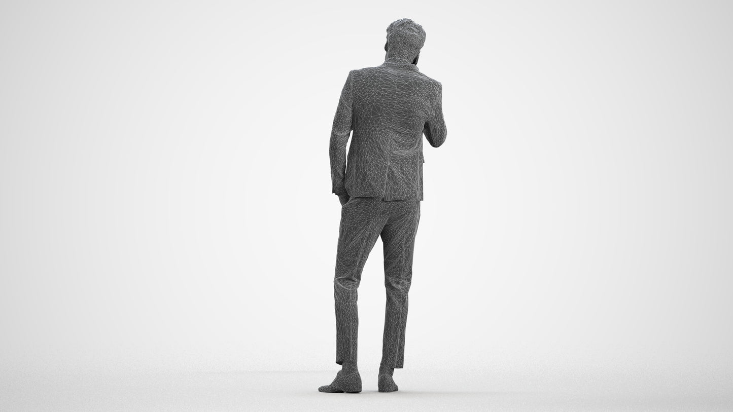 3D human model man business, photogrammetry scanned person for archviz, wireframe front view