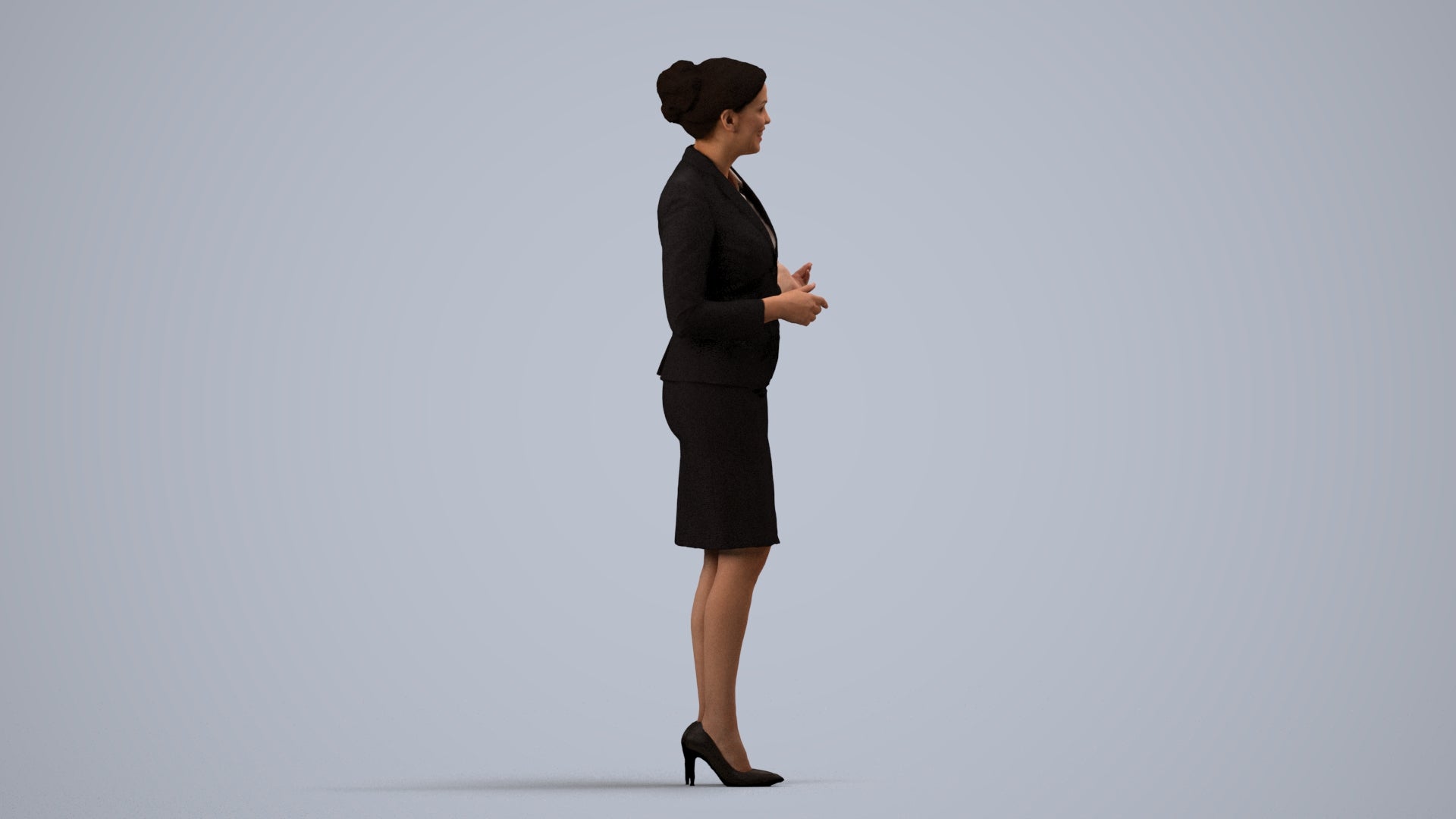 photogrammetry 3D woman hospitality, realistic human model archviz FBX, side view render