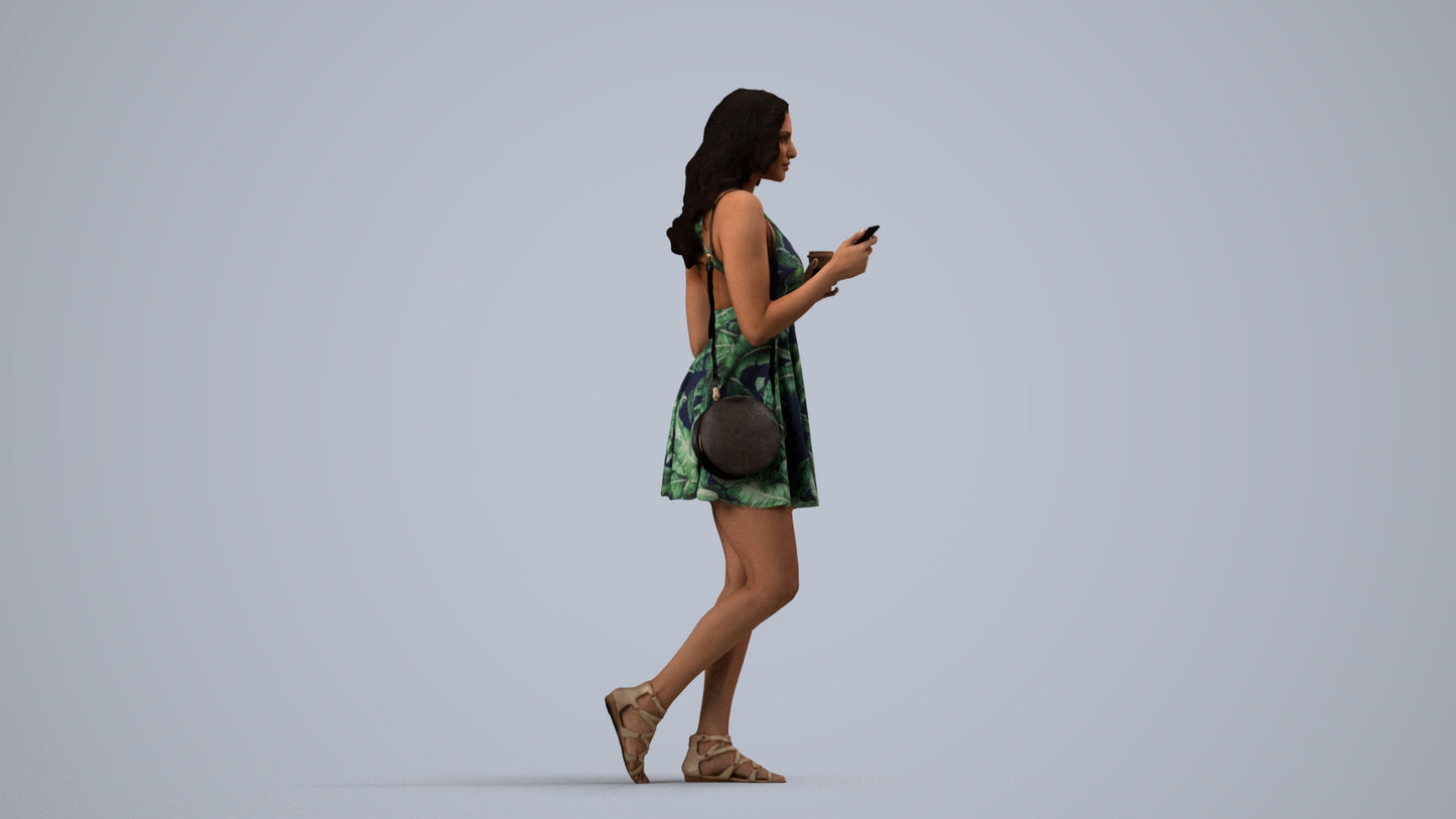 3D people model woman walking, scanned human for 3ds Max rendering, side view render