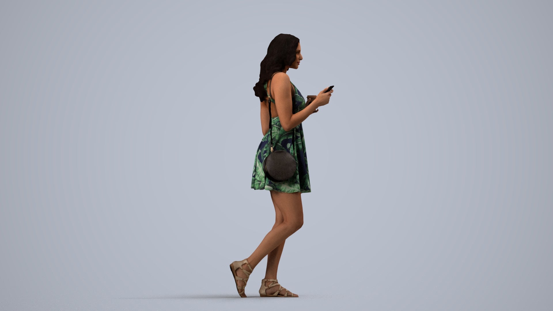 3D people model woman walking, scanned human for 3ds Max rendering, side view render